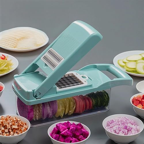 Miniatura 7 de Cortador de verduras definitivo picador multifuncional 14 en 1 con recipiente, rebanar, cortar en dados, espiralizar y rallar para una fácil
