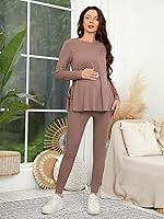 Vista 5 de OYOANGLE Conjunto de camiseta de maternidad con cuello redondo y nudo lateral para mujer