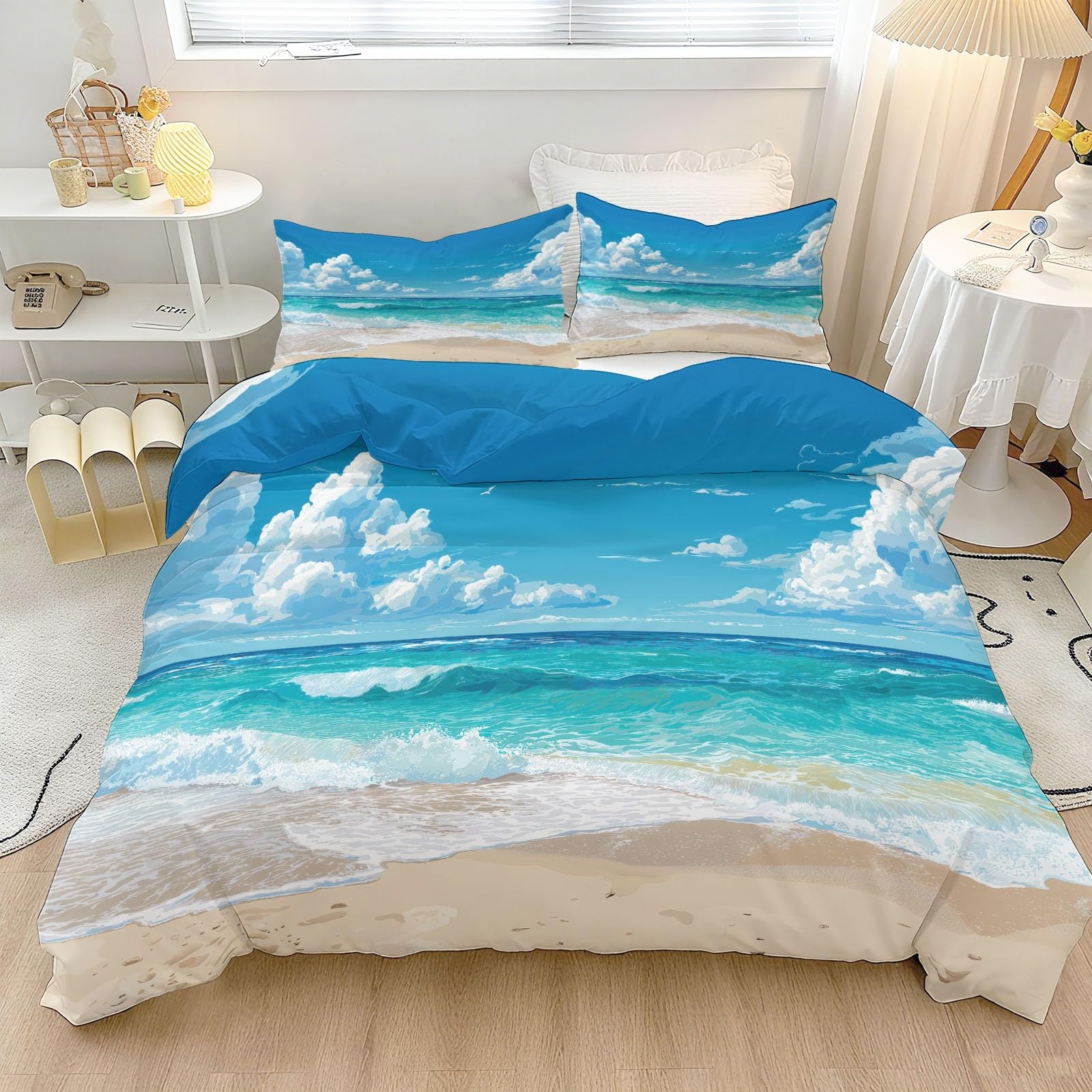Zestaw pościeli nie wymaga prasowania, 200 x 200 cm, z mikrofibry, naturalne niebieskie niebo, wzór plaży, miękka, dwustronna pościel z zamkiem błyskawicznym do sypialni, jasnoniebieska
