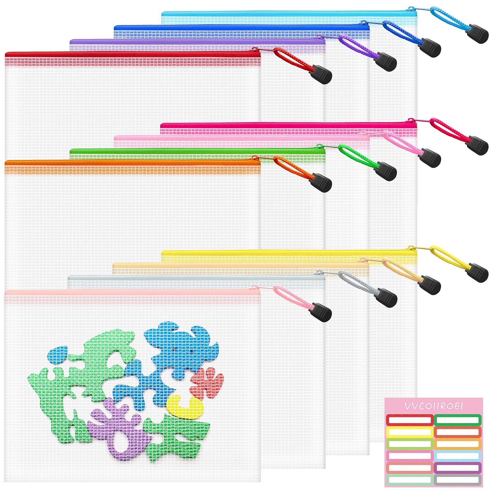 12pcs Mesh Zipper Pouch Bags Small, A5 9.5x7.2 Inches, 12 Colors Zipper Pouches for Classroom, Organizing Bags for Home, Office and Puzzle Storage