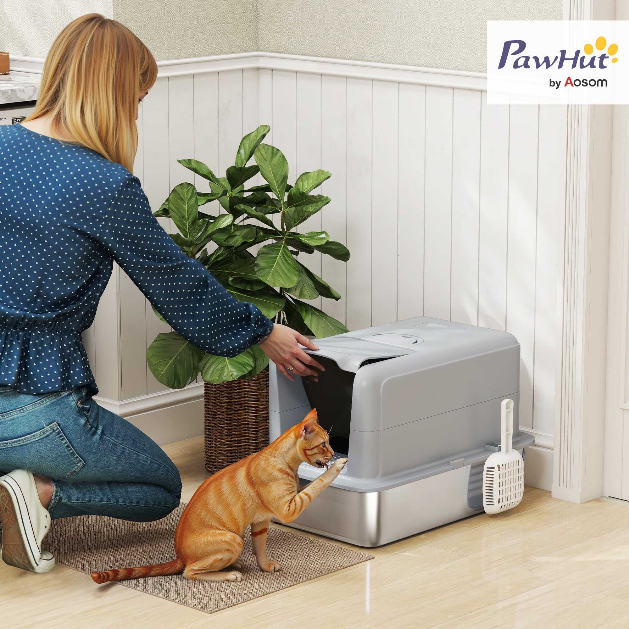 Bandeja Sanitaria PawHut de Acero Inoxidable con Tapa, Bandeja Sanitaria con cubeta, Filtro de Arena Incorporado, Incluye recogedor de Arena, para Gatos Grandes, Gris | Inodoro para gatos de acero inoxidable con bañera, filtro difuso integrado, pala para