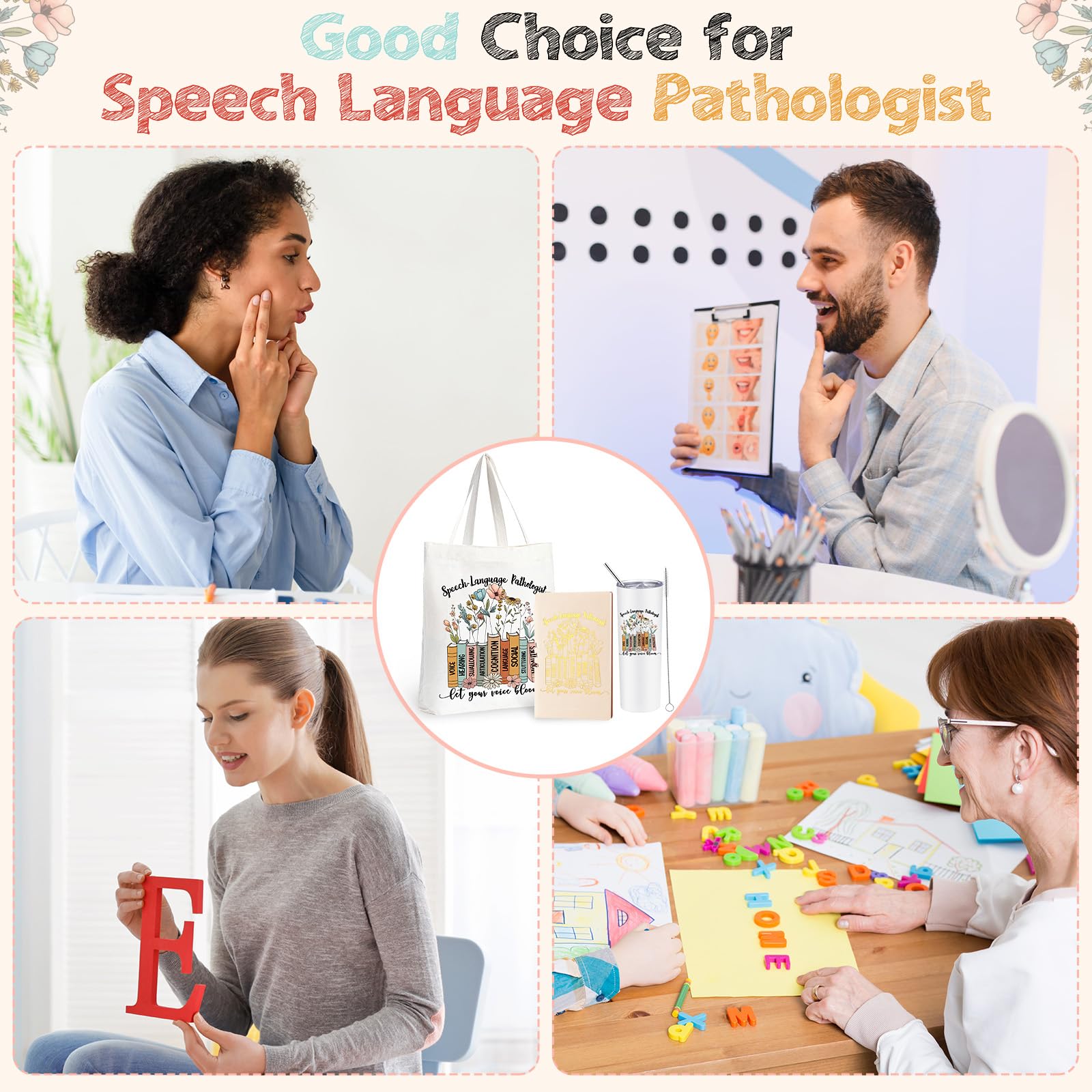 Fuutreo 3 Pcs Speech Language Pathologist Appreciation Gifts for Women, 20 oz Stainless Steel Tumbler Cup with Lid Canvas Tote Bag Leather Journal Thank You Gifts for Speech Language Pathologist