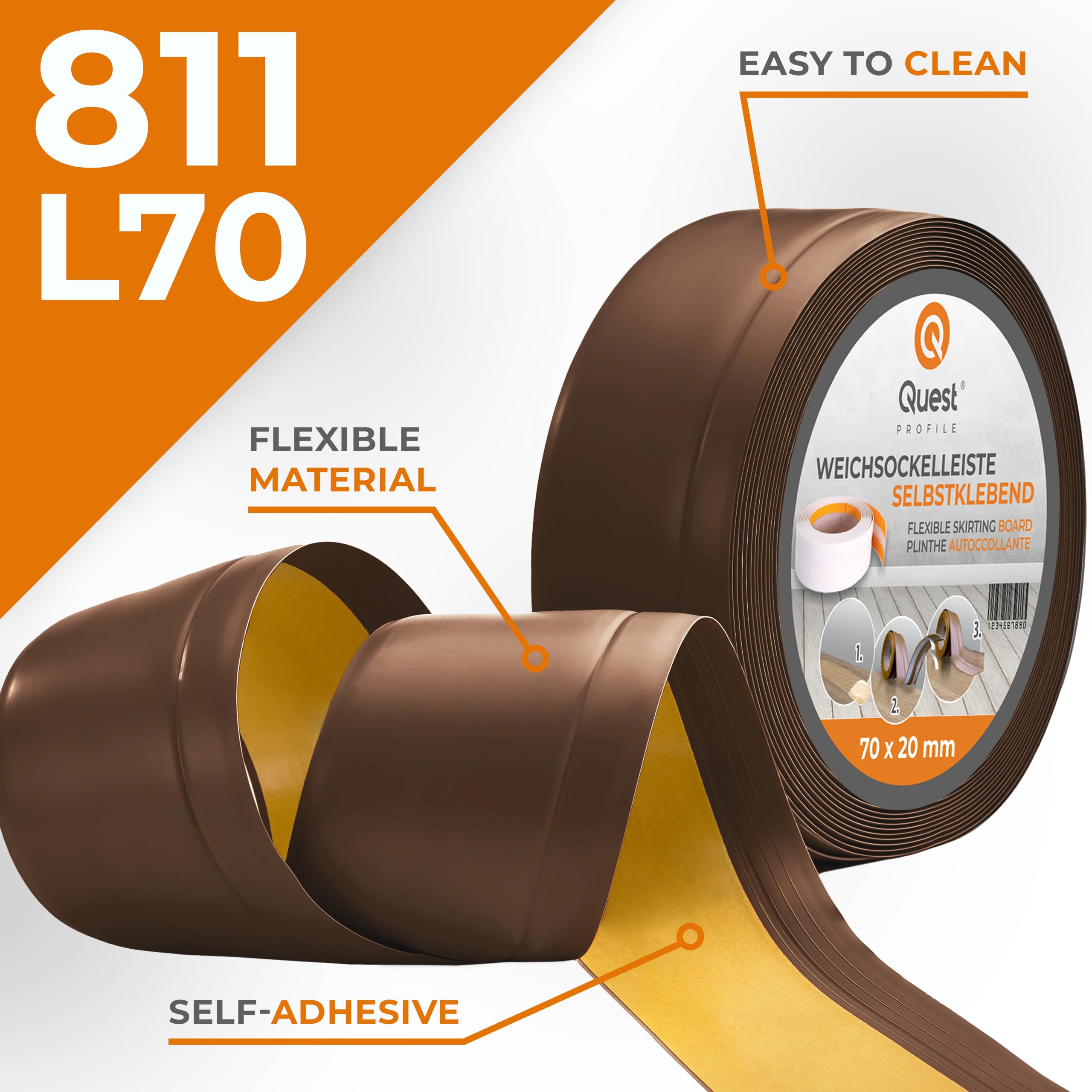 Quest Rodapié Flexible PVC 70x20 mm Autoadhesivo - Marrón, 10 m