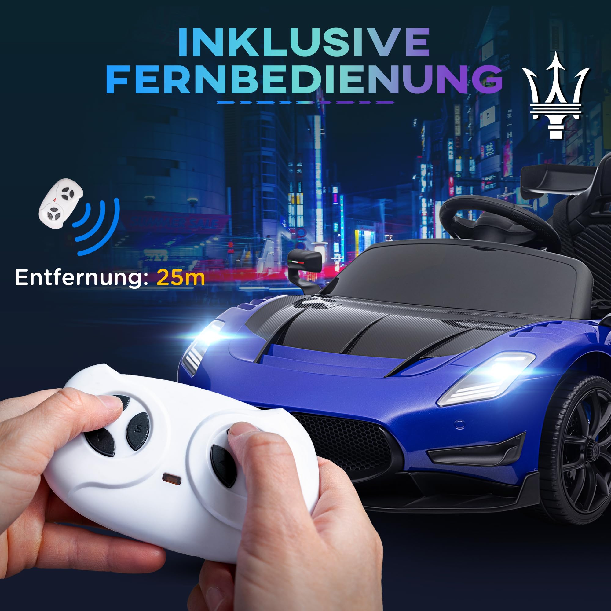 AIYAPLAY Kinder Elektroauto Maserati GT2 12V Doppelmotor 3-5 Jahre Blau | 2,4GHz Fernbedienung, Musik, Hupe, 4 Stoßdämpfende Räder, Lichten, Stützräder, 3-5 km/h, Elektro Kinderauto
