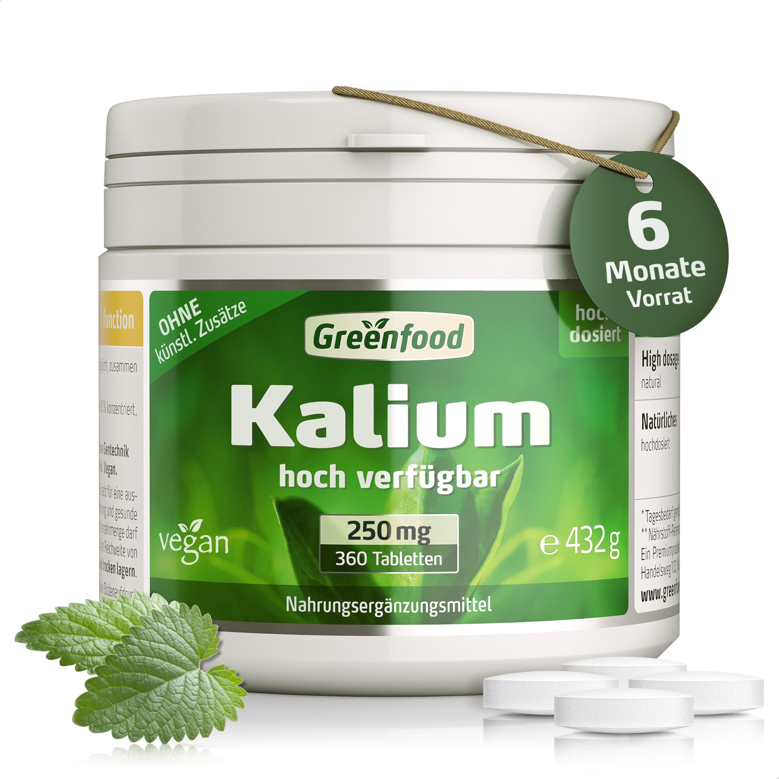 Kalium, hochdosiert, 250mg - 360 Tabletten, vegan. Hochwertiges Kaliumcitrat - wichtig für Nervensystem, Muskelfunktion & Blutdruck. OHNE künstliche Zusätze - laborgeprüft. Von Greenfood.