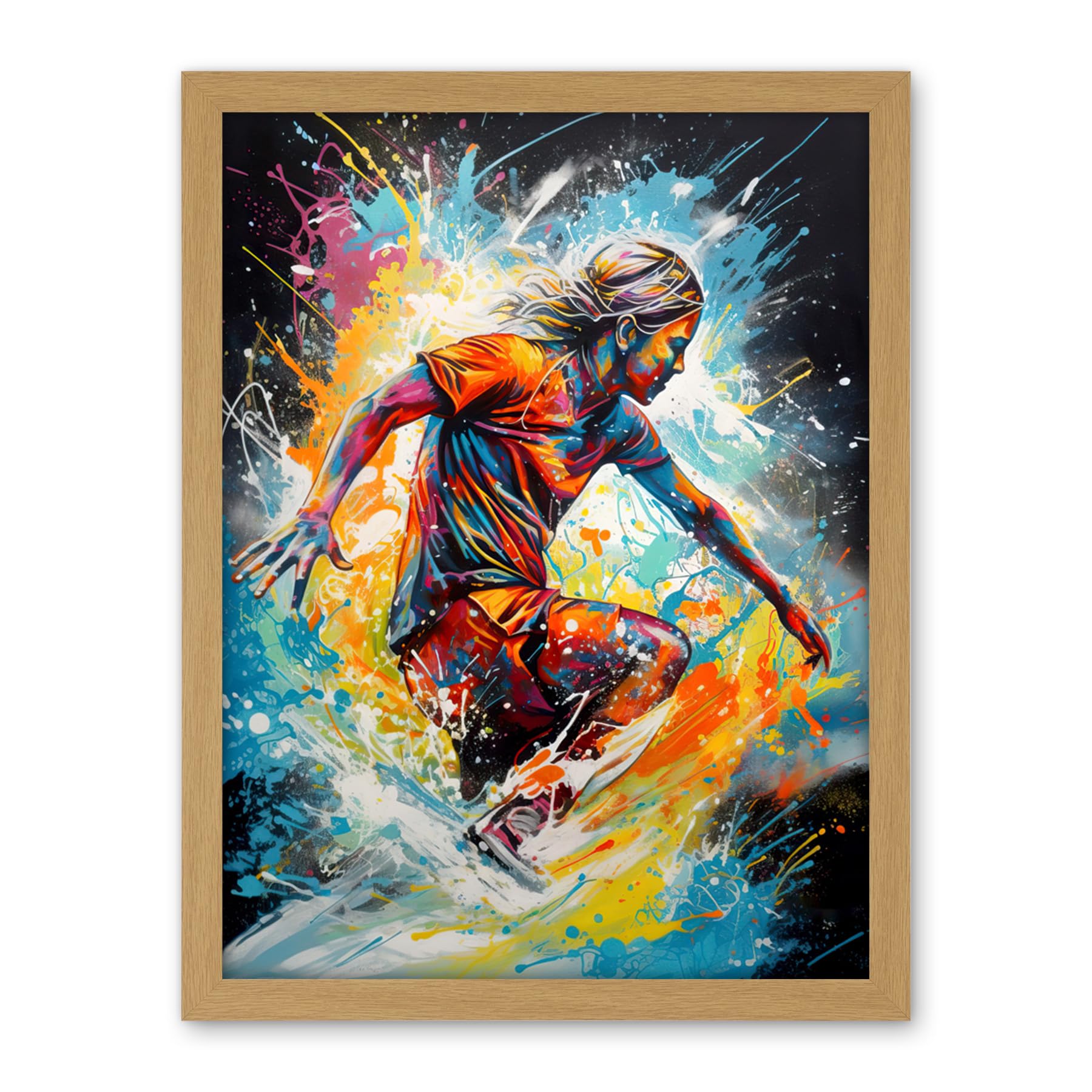 Artery8 Surfer Surfing on Splatter Paint Crashing Waves Artwork Framed Wall Art Print 18X24 Inch