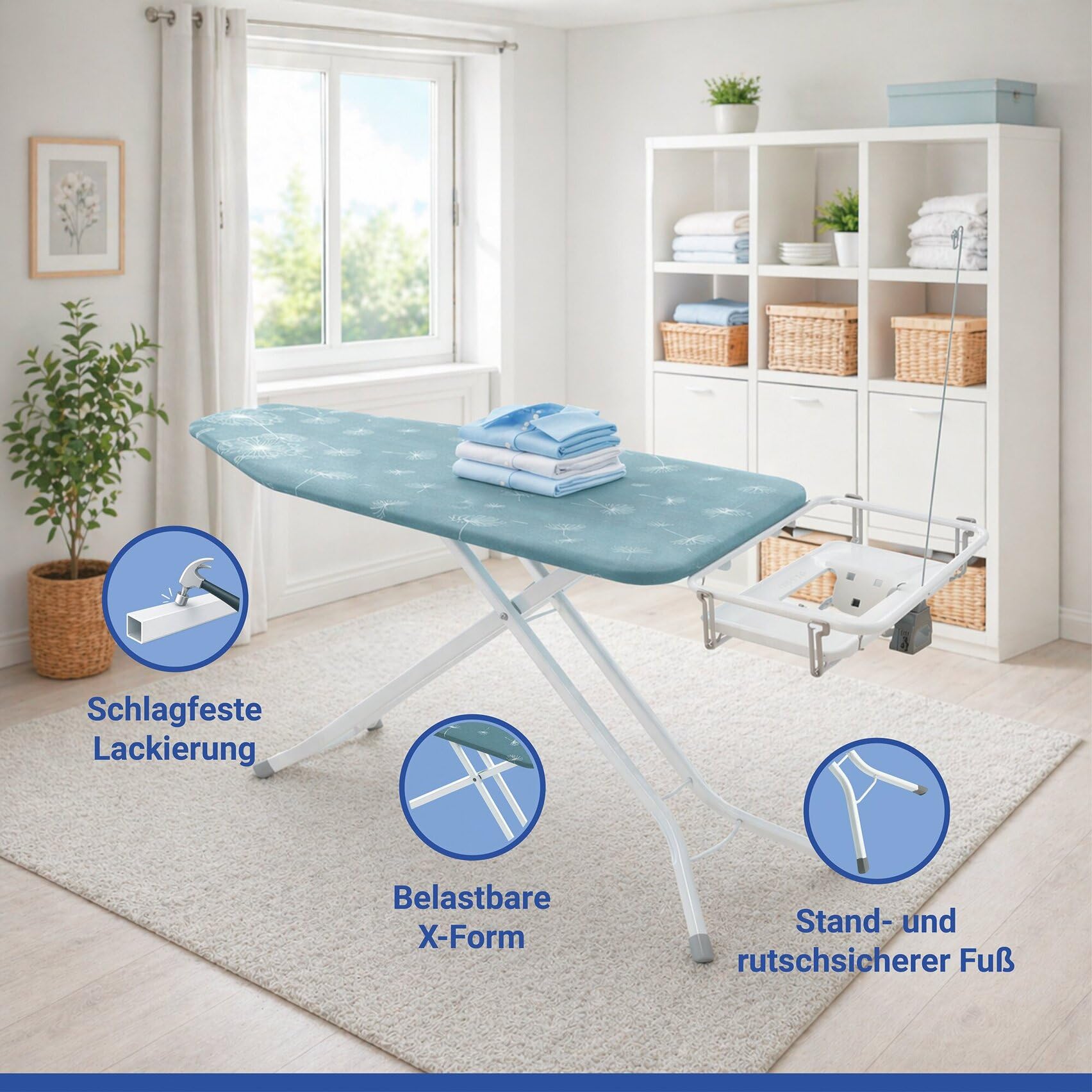 WENKO XXL Bügelbrett für Dampfbügelstation & Dampfbügeleisen, standfest | Bügeltisch 130 x 48 cm, TÜV/GS, höhenverstellbar, mit Steckdose, absenkbare Ablage & Polsterung, weiß/grau, Mod. Professional