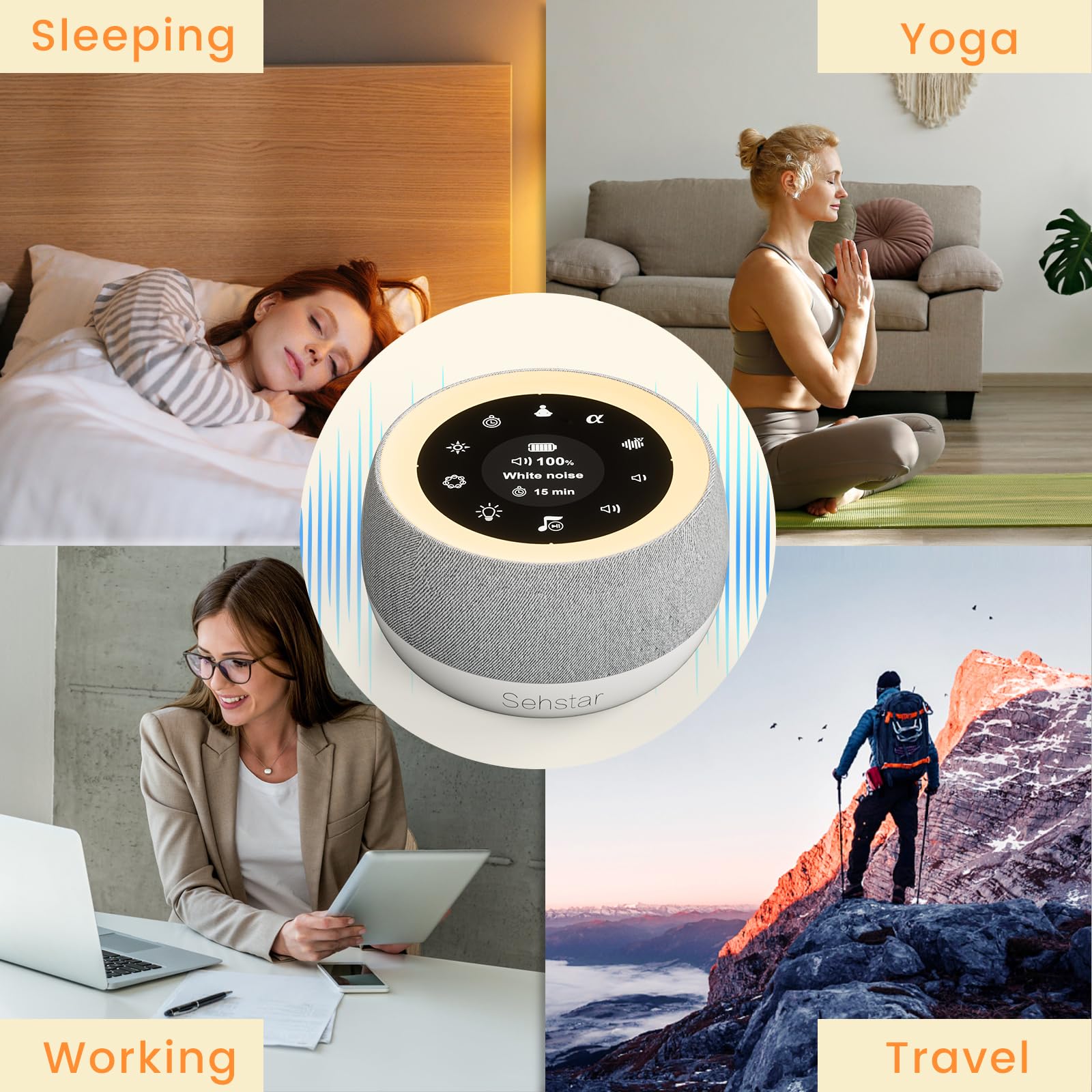 Máquina de Ruido Blanco Terapia de Sonido para Dormir 22 Ruidos Blanco/5 Yoga/5 α-Wave 7 Colores Luz Táctil
