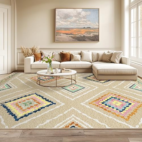 BESTSWEETIE 8x10 Area Rug Machine Washable Non-Slip Low Pile Print Pattern Western and Aztec Rug for Living Room Bedroom Entryway-Cream/Beige