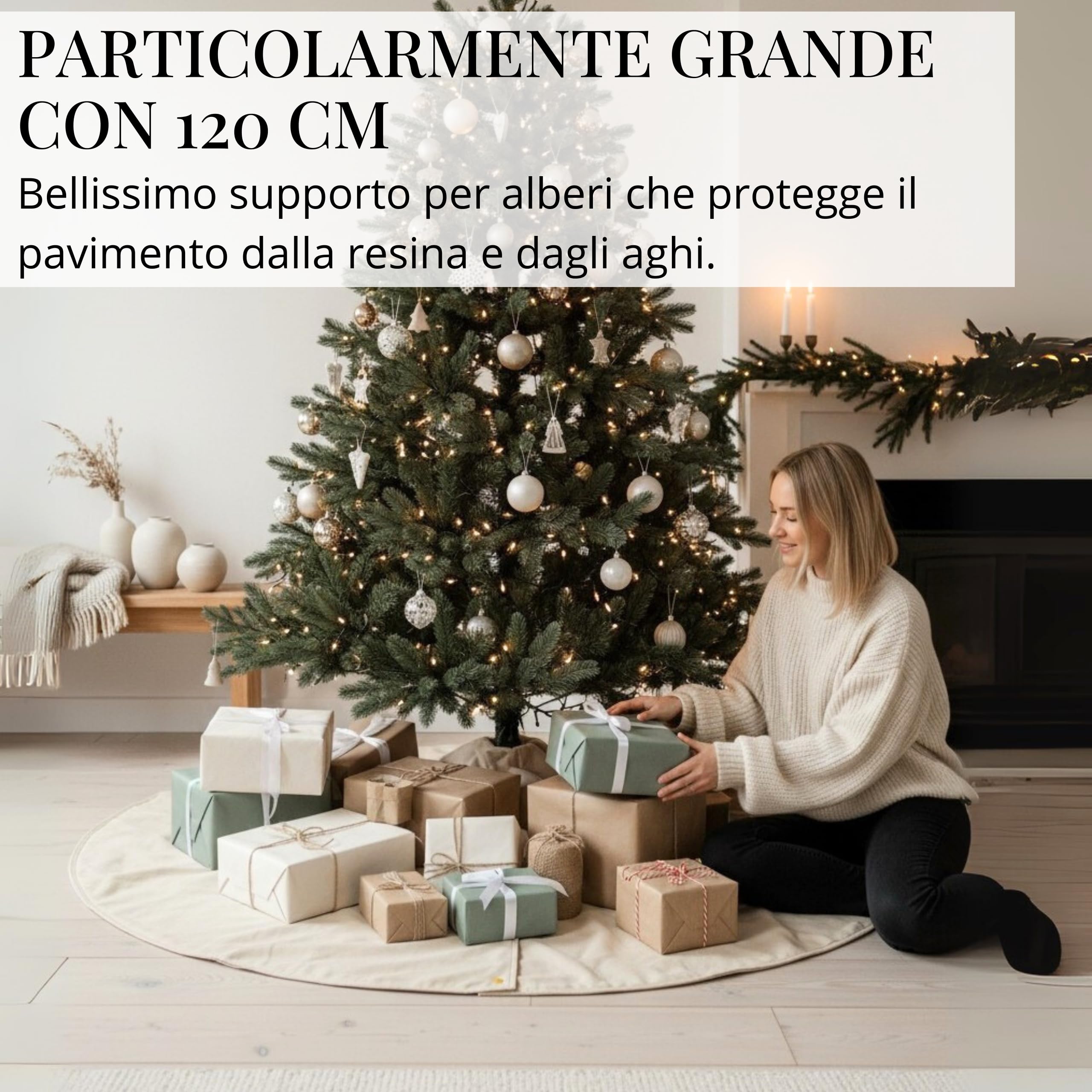 LIVLIG Gonna per Albero di Natale Ø120 cm in 100% Cotone Beige/Verde – Tappeto Rotondo Reversibile 2-in-1 con Bordo Dorato, Copertura Decorativa per Il Piede dell’Albero