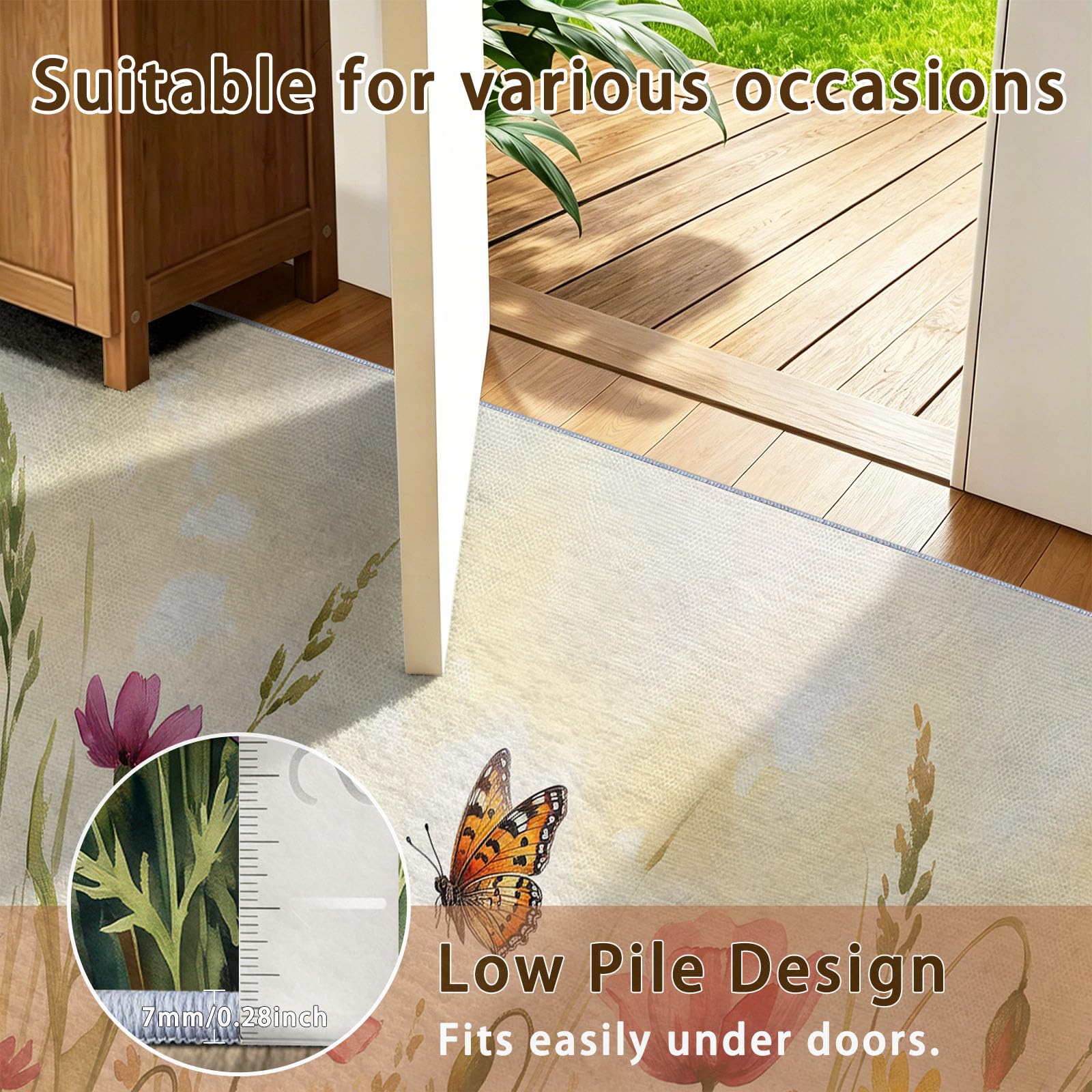 Aquarelle Peinture À Lhuile Tapis Lavable en Machine 140 x 200 cm, avec Couche antidérapante TPR, Poils Courts Champêtre Herbes Sauvages Marguerite Papillon Tapis, pour Chambre Salon, Multicolore