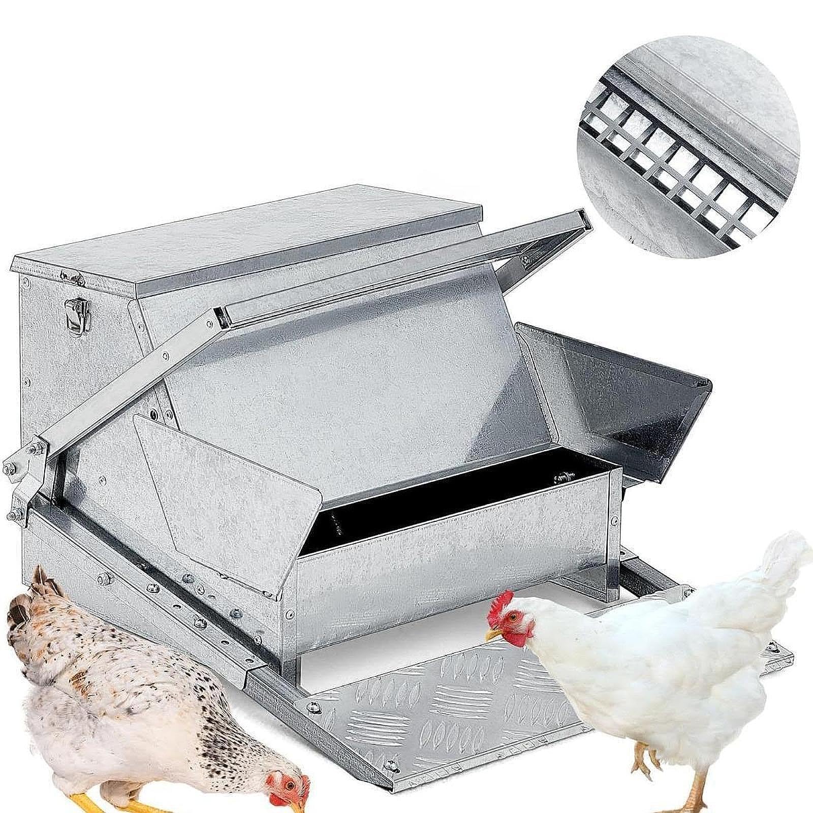 Comedero automático de pedal de acero galvanizado, prevención de pájaros, resistente a la intemperie y a prueba de derrames, para pollos, aves de corral y faisanes