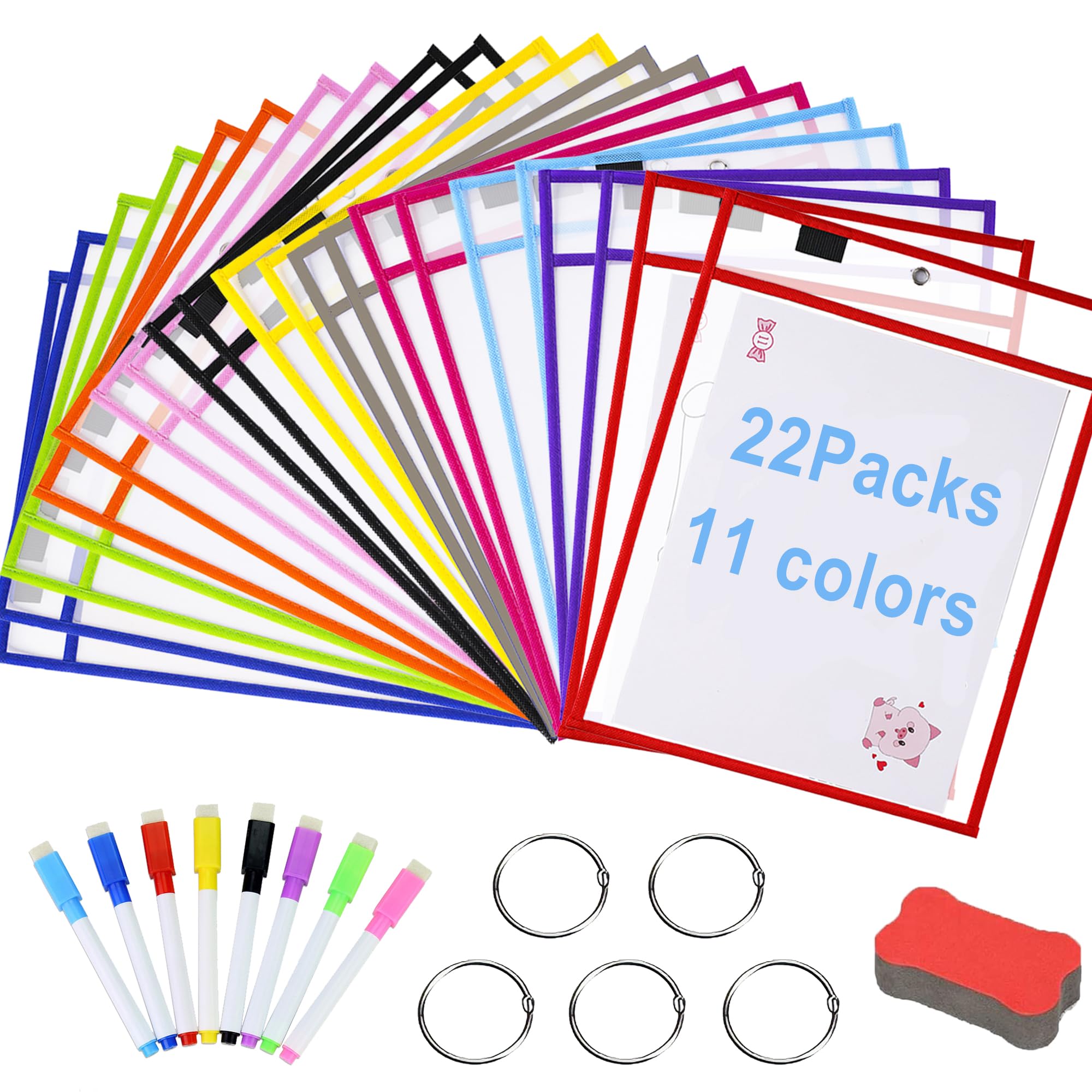 Kiswleon 36 PCS Dry Erase Pockets,Reusable Plastic Sleeves with 8 Pens and 1 Eraser 10 * 14in,Clear Dry Erase Pockets,Teacher Supplies,Classroom Essentials for Teachers 11Colors