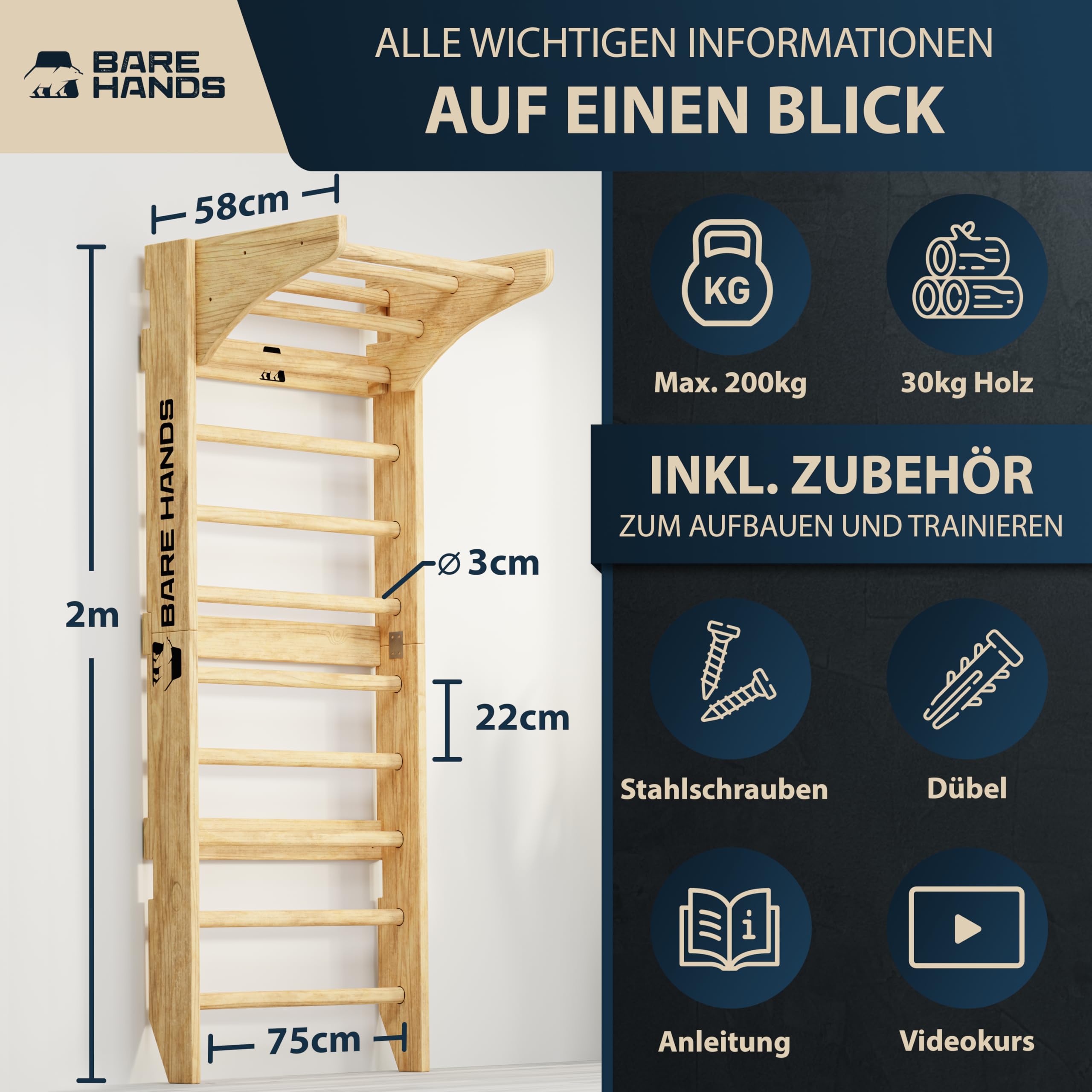 Bare Hands Sprossenwand für Erwachsene & Kinder bis 200 kg – Hochwertige Kletterwand für Zuhause & Kinderzimmer – Mit oder ohne Klimmzugstange und Dipstange erhältlich