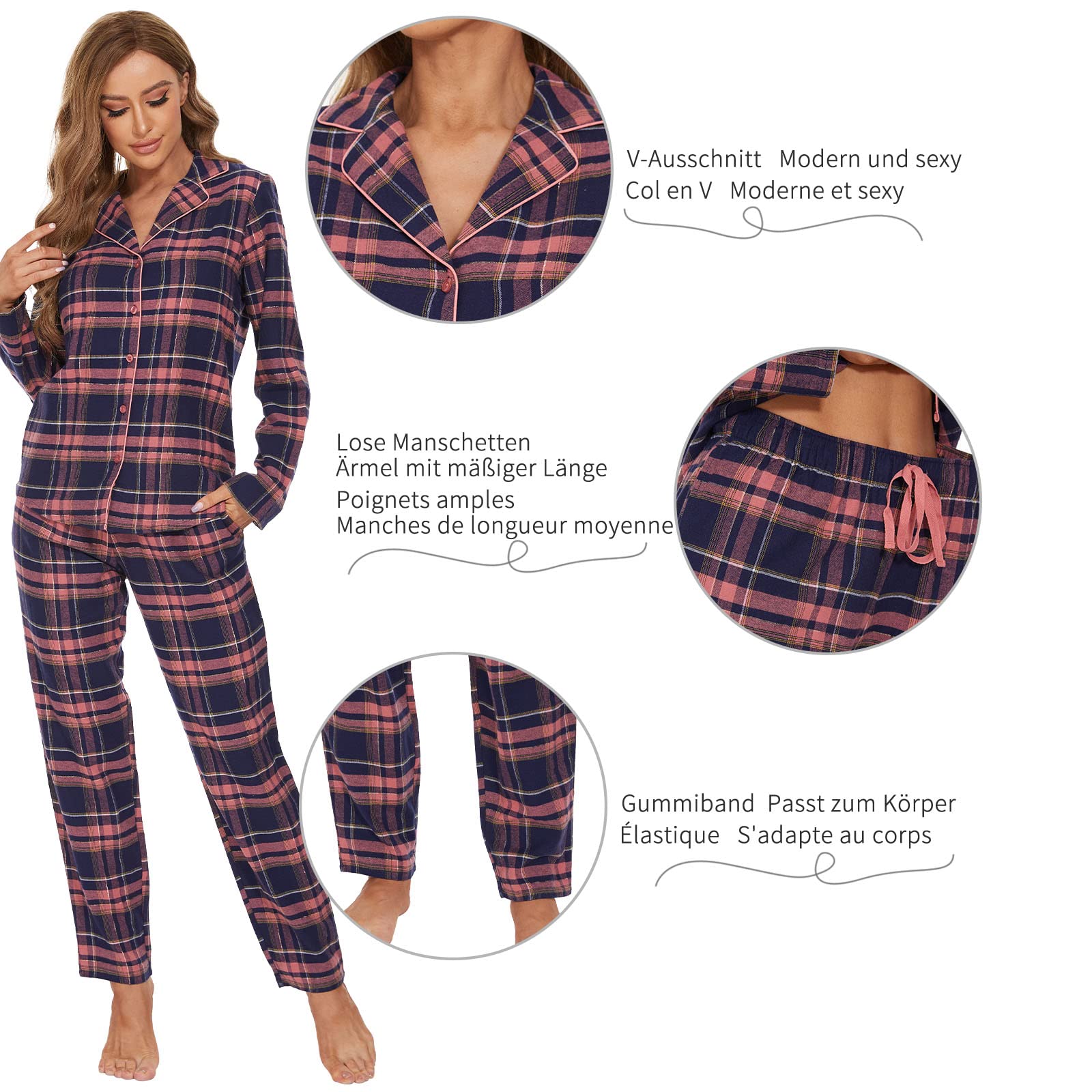 Mnemo Home Pijama largo de franela para mujer 100% algodón de franela