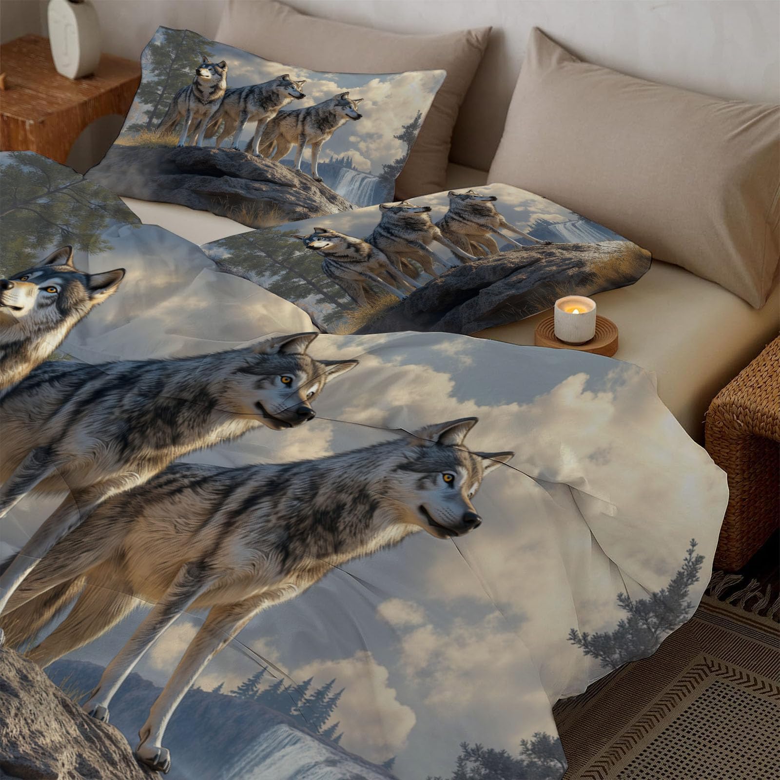 Housse de couette Sakura et loups pour une chambre d'ado style Ukiyo