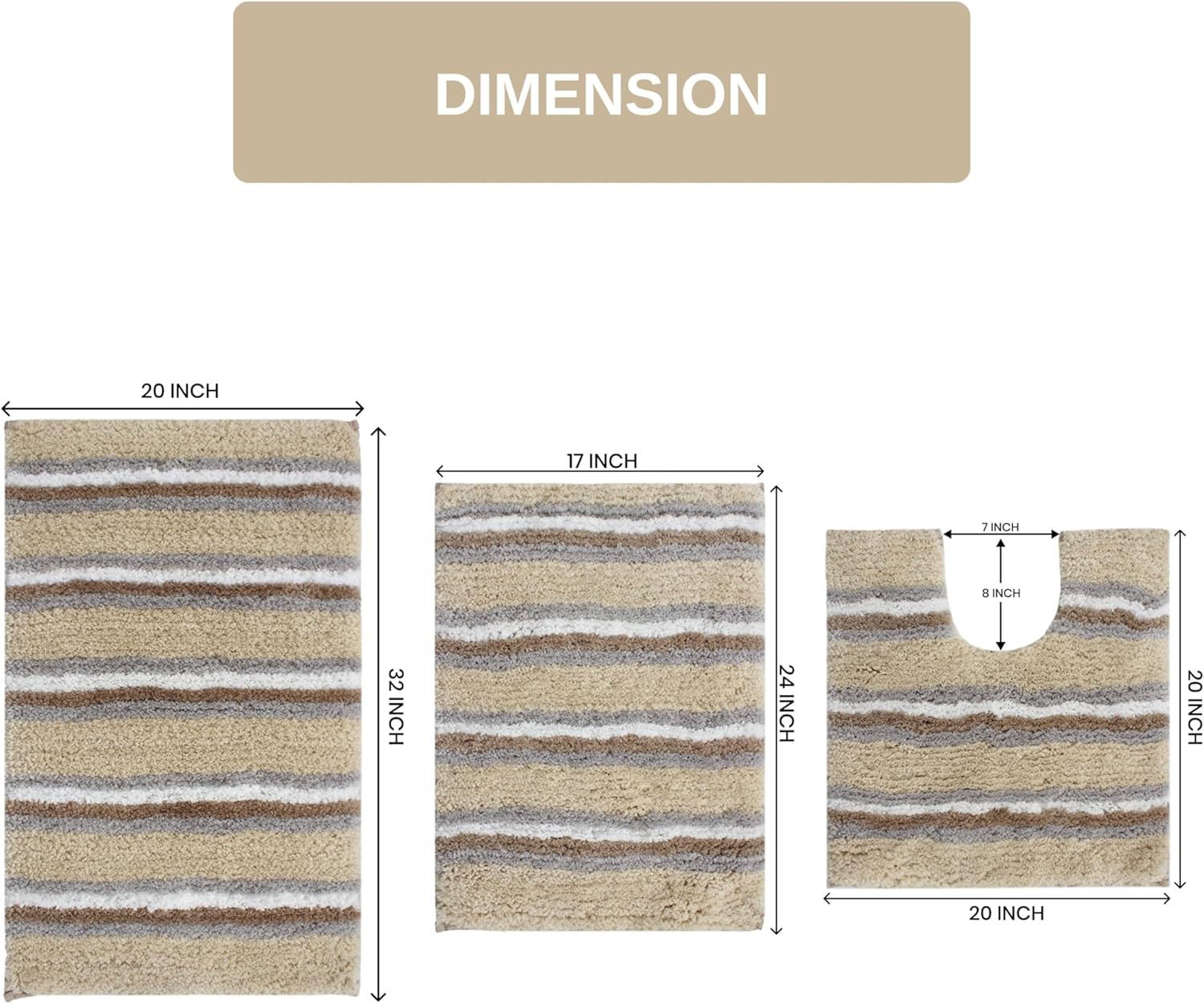 Home Weavers Glamour Collection 100% Polyester Microfiber Bathroom Rug, Non Slip Bath Mat Water Absorbent Soft Microfiber Shaggy Mat Machine Washable, Thick Plush Rugs - 3PC Set with Contour, Linen