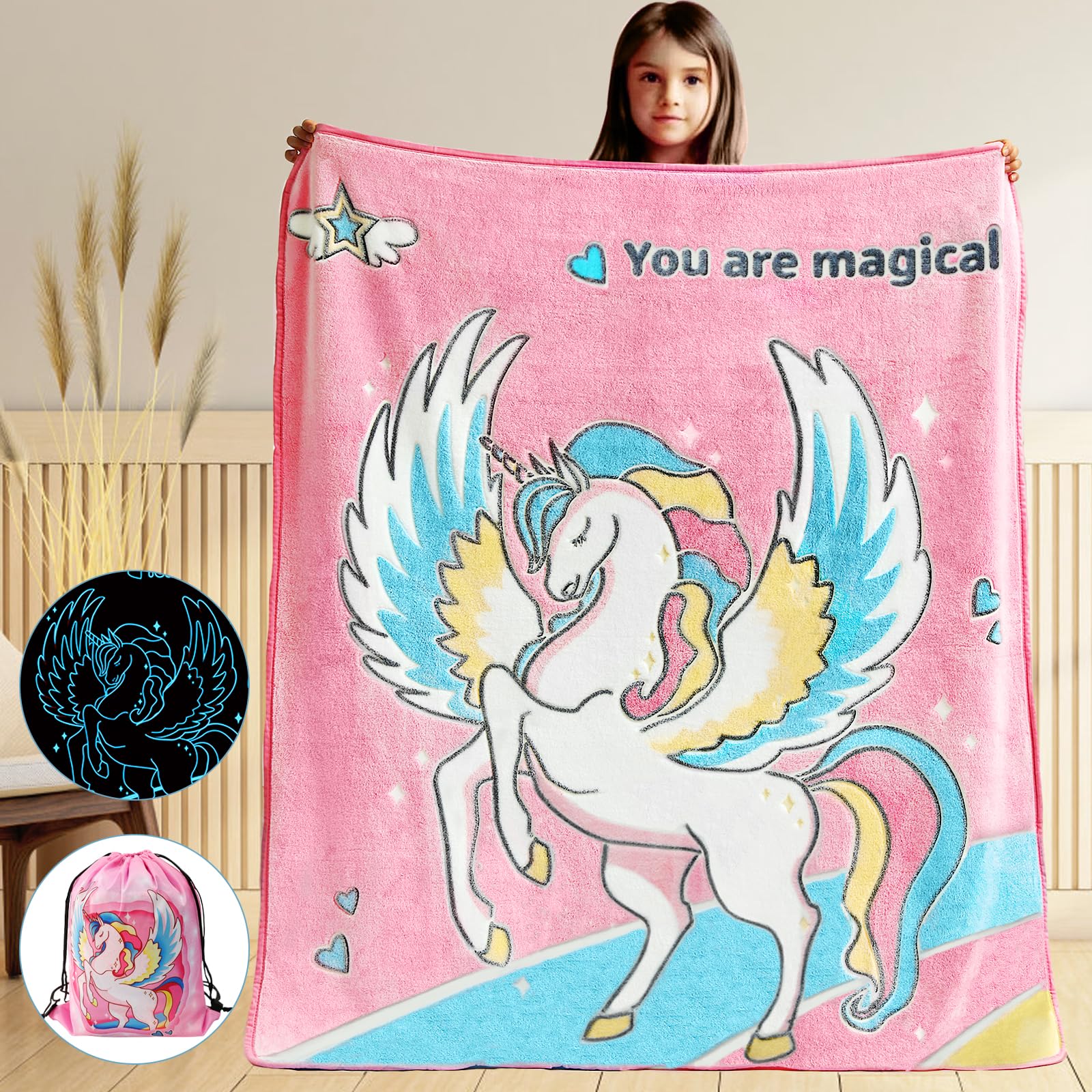 Glow in The Dark Blanket Unicorn Gifts for Girls Kids Blankets Super Soft 3 4 5 6 7 8 9 10 Year Old Girl Gift Ideas Girls Toys Age 6-8 Unicorns Toys Easter Gifts Birthday Valentines Day Gift 50"x 60"