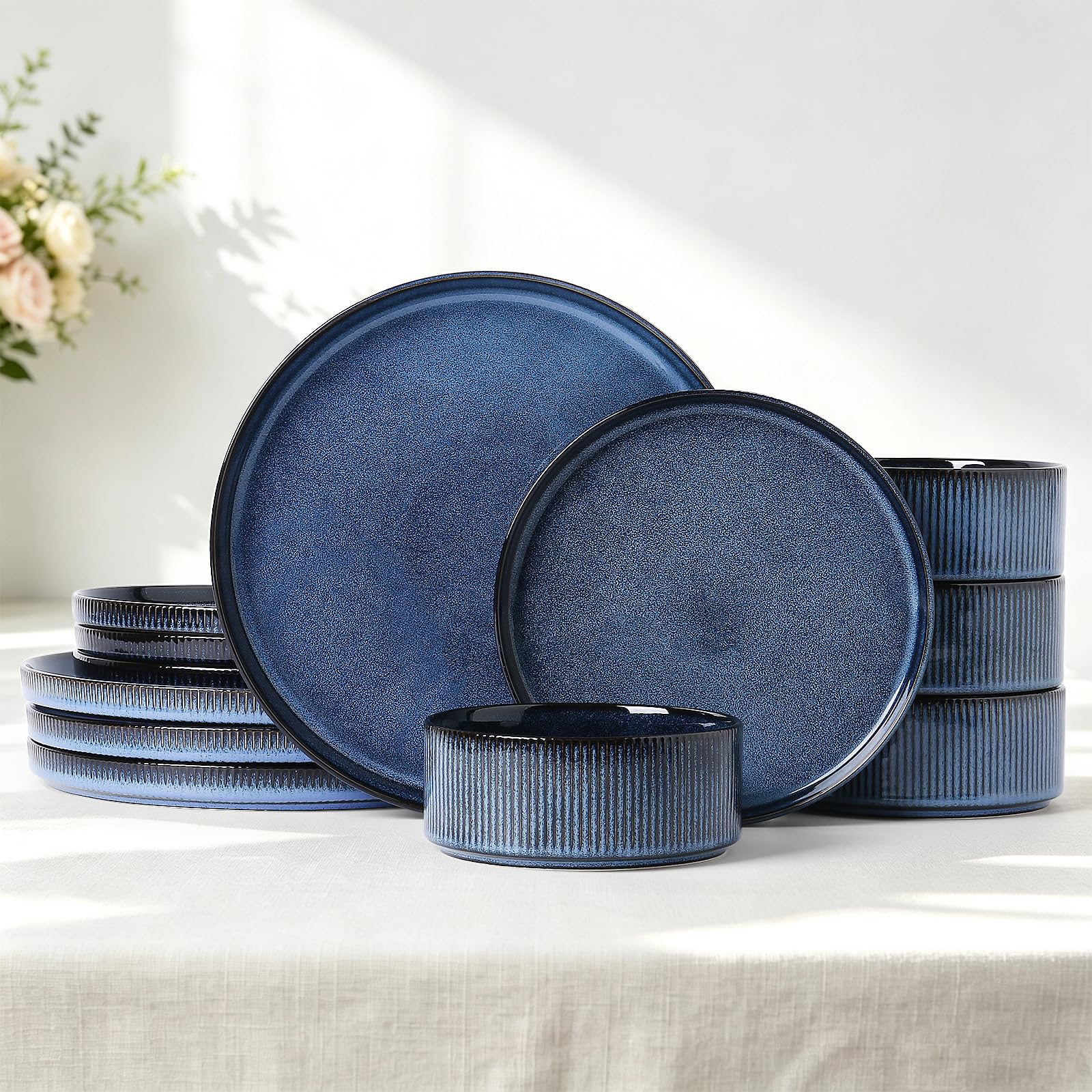 Stoneware Dinnerware Sets for 4, 12Pcs Plates and Bowls Set, Midnight Blue