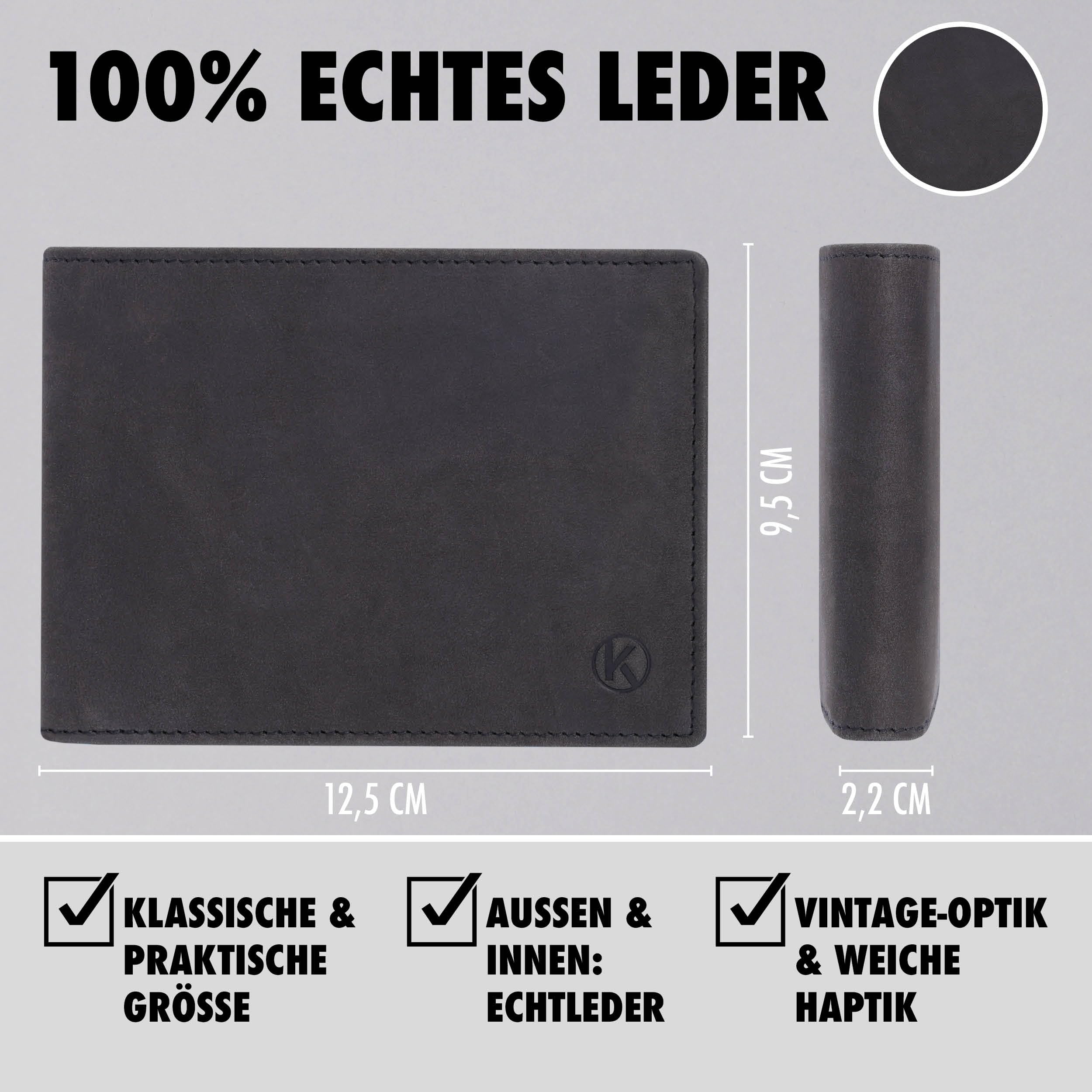 KORUTA Geldbörse Herren Leder Braun RFID Schutz Echtleder Portemonnaie Groß 13 Fächer Geldbeutel für Männer Brieftasche Wallet Schwarz