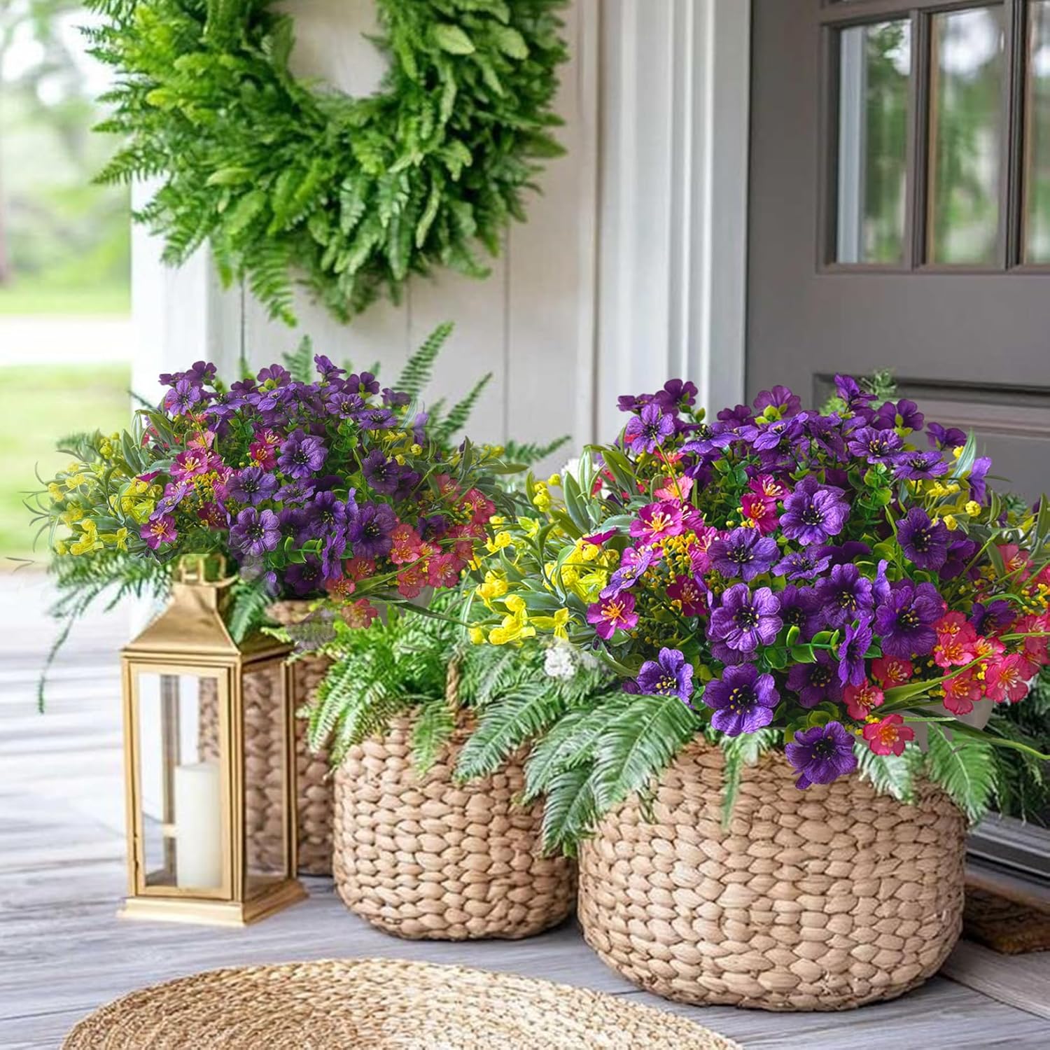 Artificial Flowers for Outdoors Plants Outside Decoration, 12 Bundles Silk Morning Glory Gypsophila Daisy Mix UV Resistant Faux Flowers Bouquet for Planter Porch Patio Yard Garden