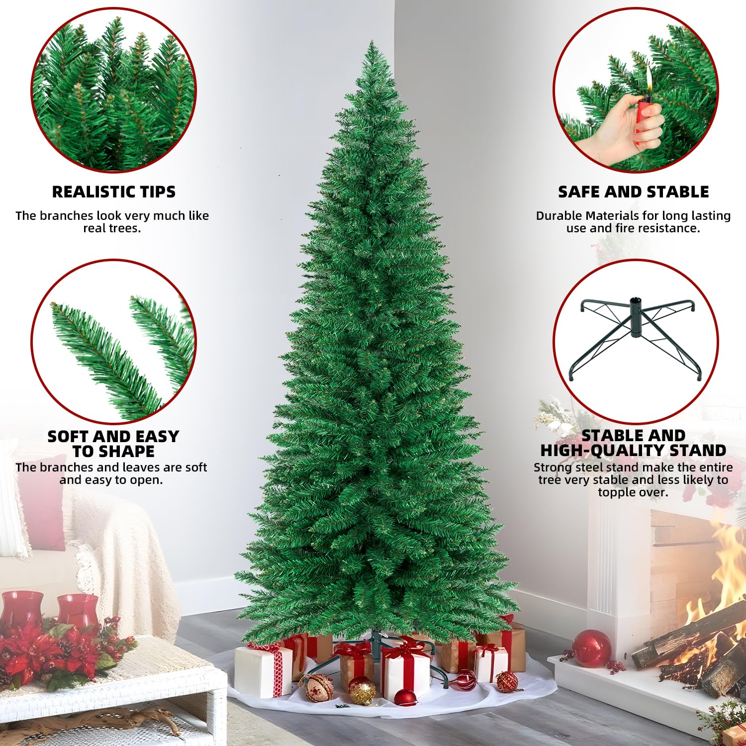 ININ Künstlicher Weihnachtsbaum mit 220 Zweigspitzen, 152 cm, schmaler Bleistift, perfekte Weihnachtsdekoration für Zuhause/Büro/Party