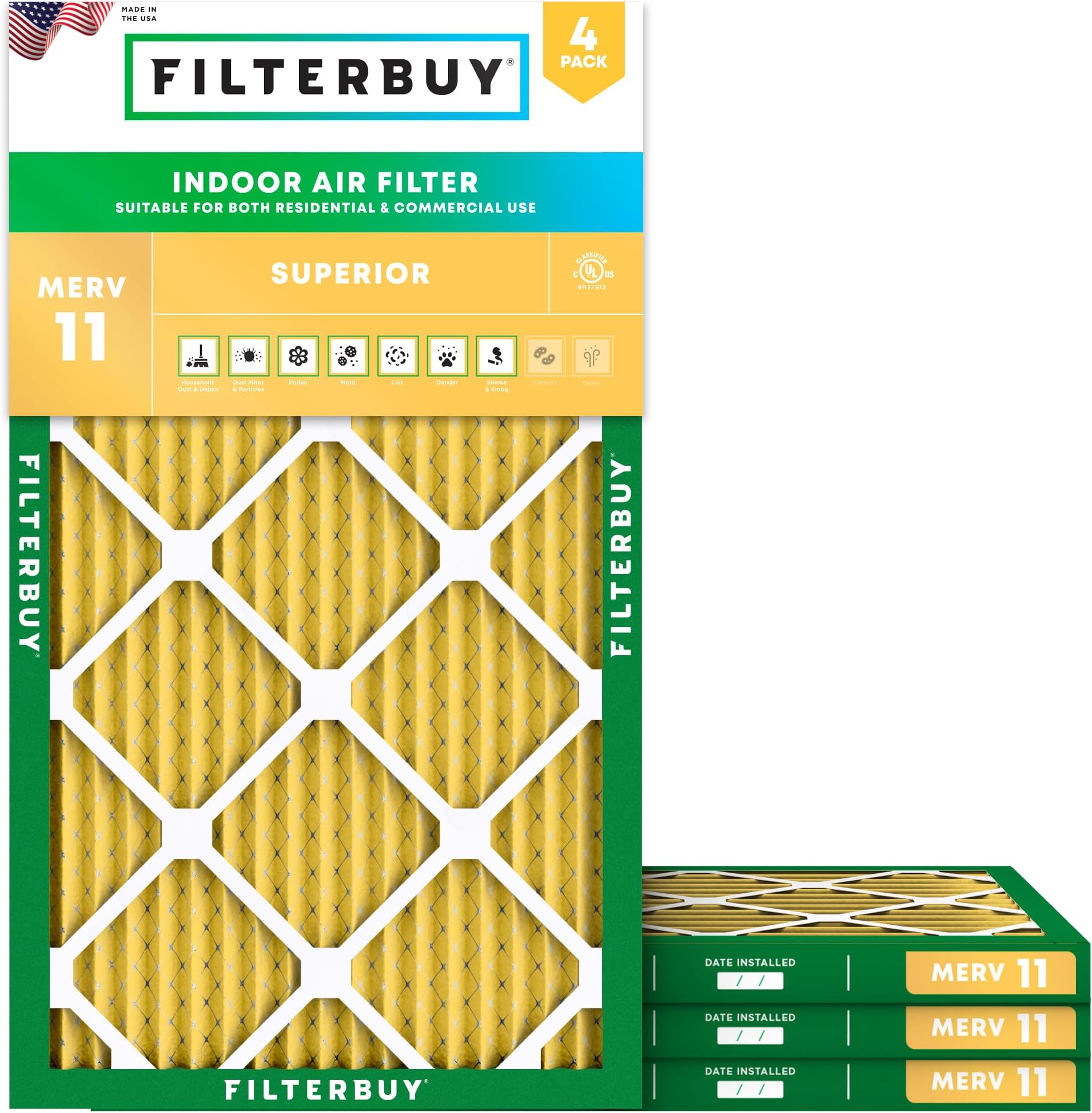 Filterbuy 12x36x1 Air Filter MERV 11 Superior Pet & Allergy Defense (4-Pack), Electrostatic Pleated HVAC AC Furnace Filters Replacement (Actual Size: 11.88 x 35.88 x 0.75)