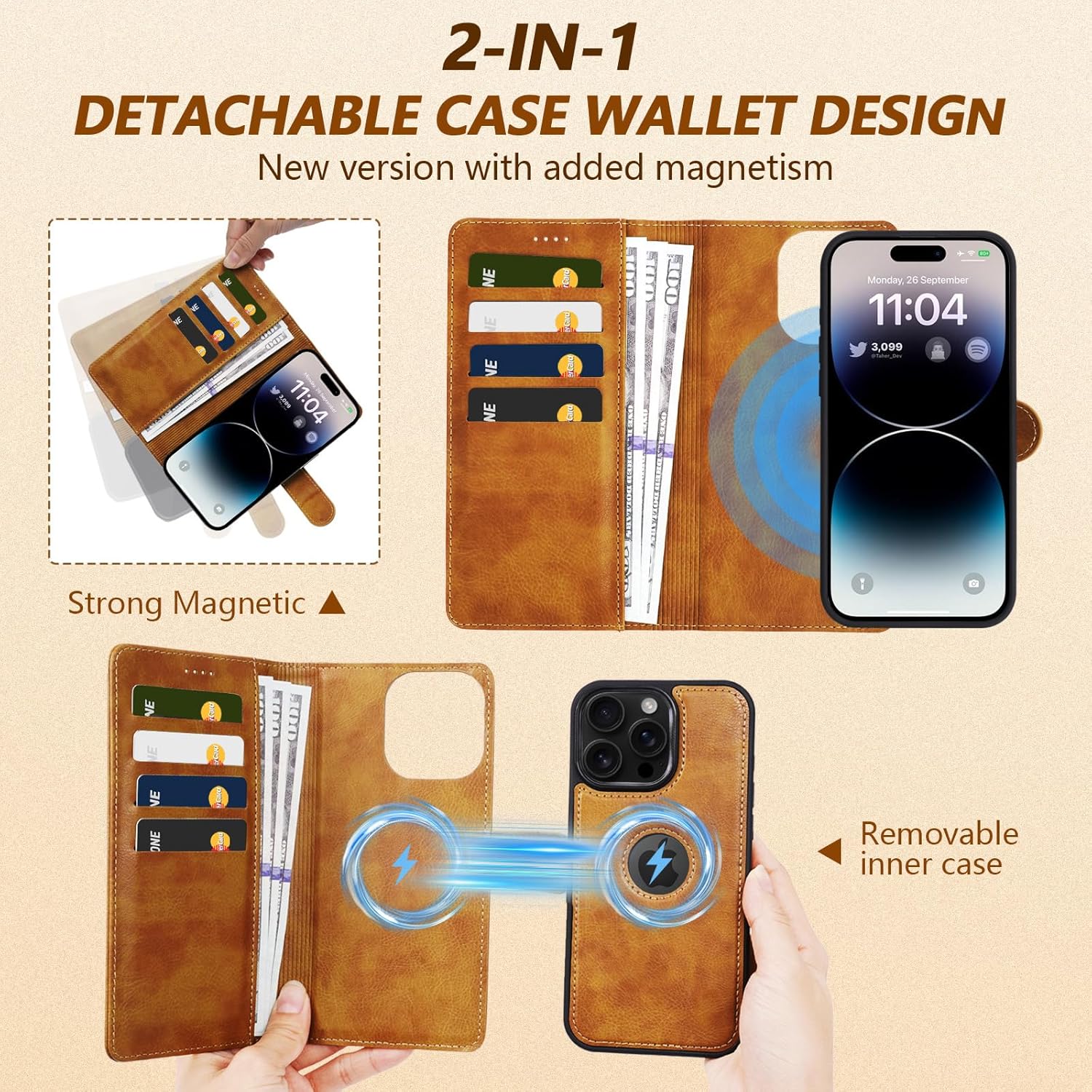 2 in 1 PU Leather for iPhone 13 PRO MAX Leather Case, Detachable Wallet Case with Card Holder, Removable Flip Cover with RFID Blocking, Stand Shockproof Phone Cover(Compatible with MagSafe) Brown - Image 3