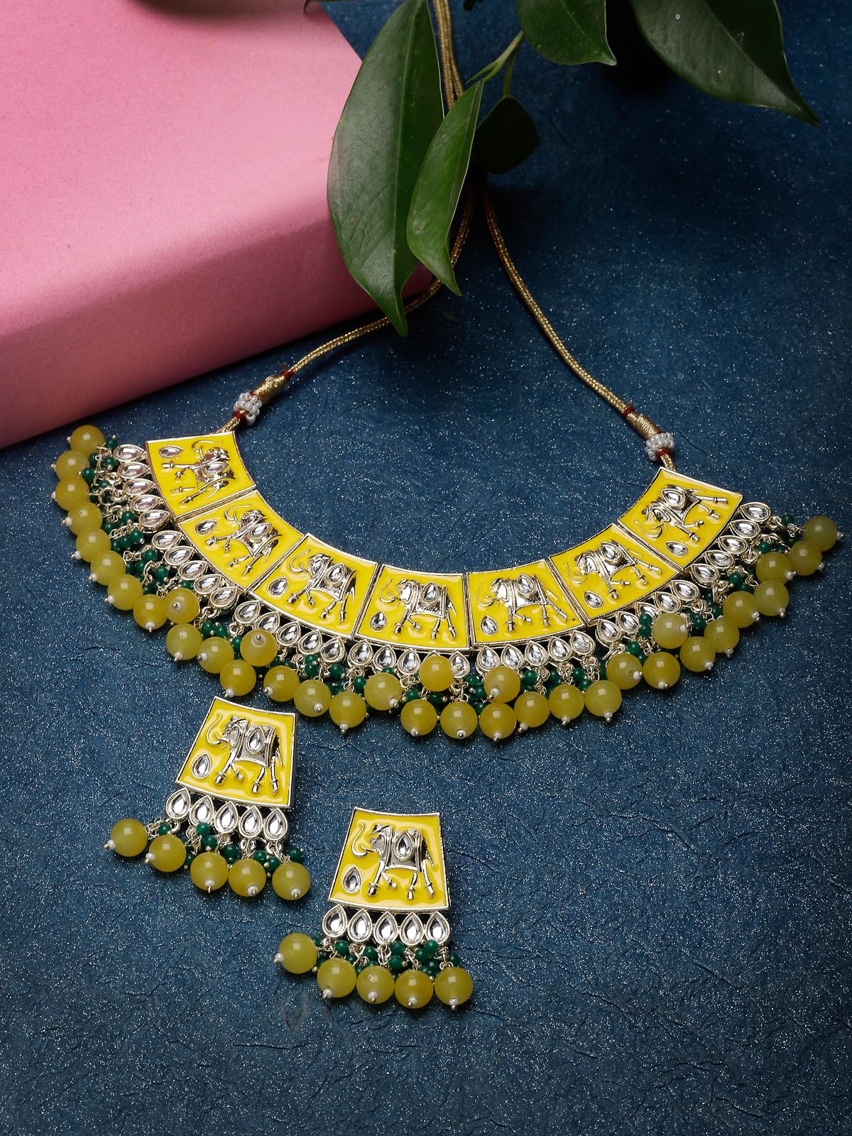 Plated Meenakari Kundan Green Collar Necklace Set