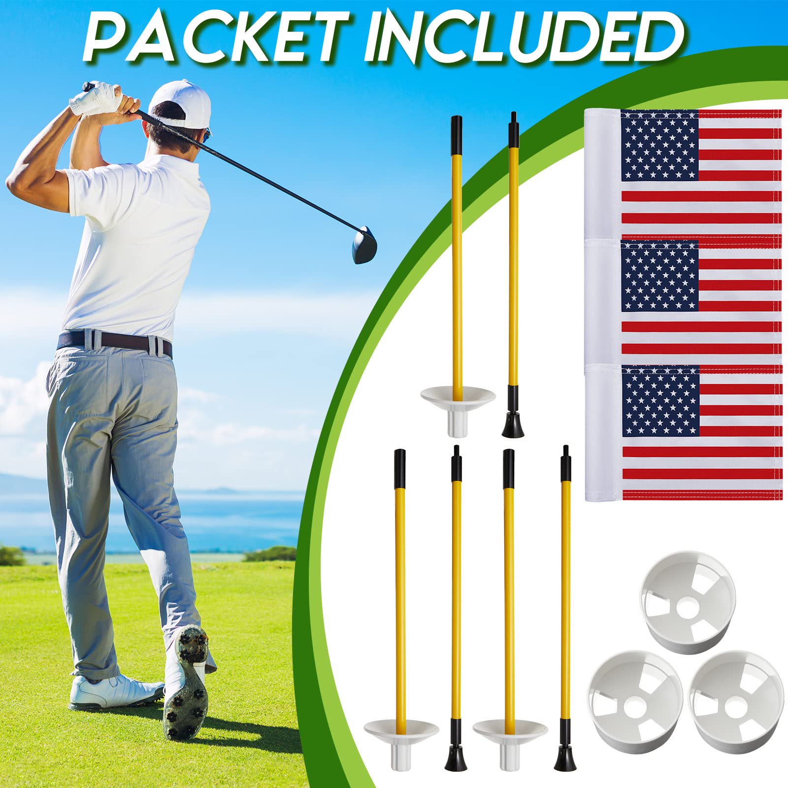 Meooeck Golfflaggenstab, 91 cm, grüne Putting-Flagge und Lochbecher-Set für Hof, tragbar, 2 Abschnitte, Fiberglas, Mini-Golf-Set für Driving Range Hinterhof, doppelseitige amerikanische Flagge, 3