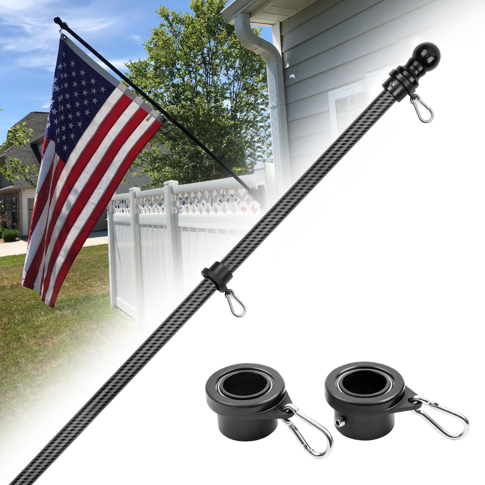 HIBLE Black Flag Pole for House 6 Foot Carbon Fiber Flag Pole with Rust-Free Smooth Bearings Rotating Rings, Strong Metal Screw Flagpole (no Flag no Bracket)