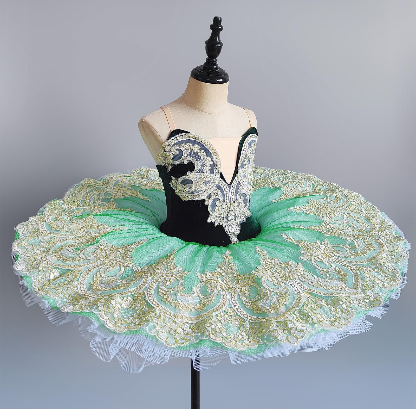 tutù Pancake Verde Velluto per Bambine Abito da Danza Classica Gonna in Tulle Ricamata Costume da Competizione