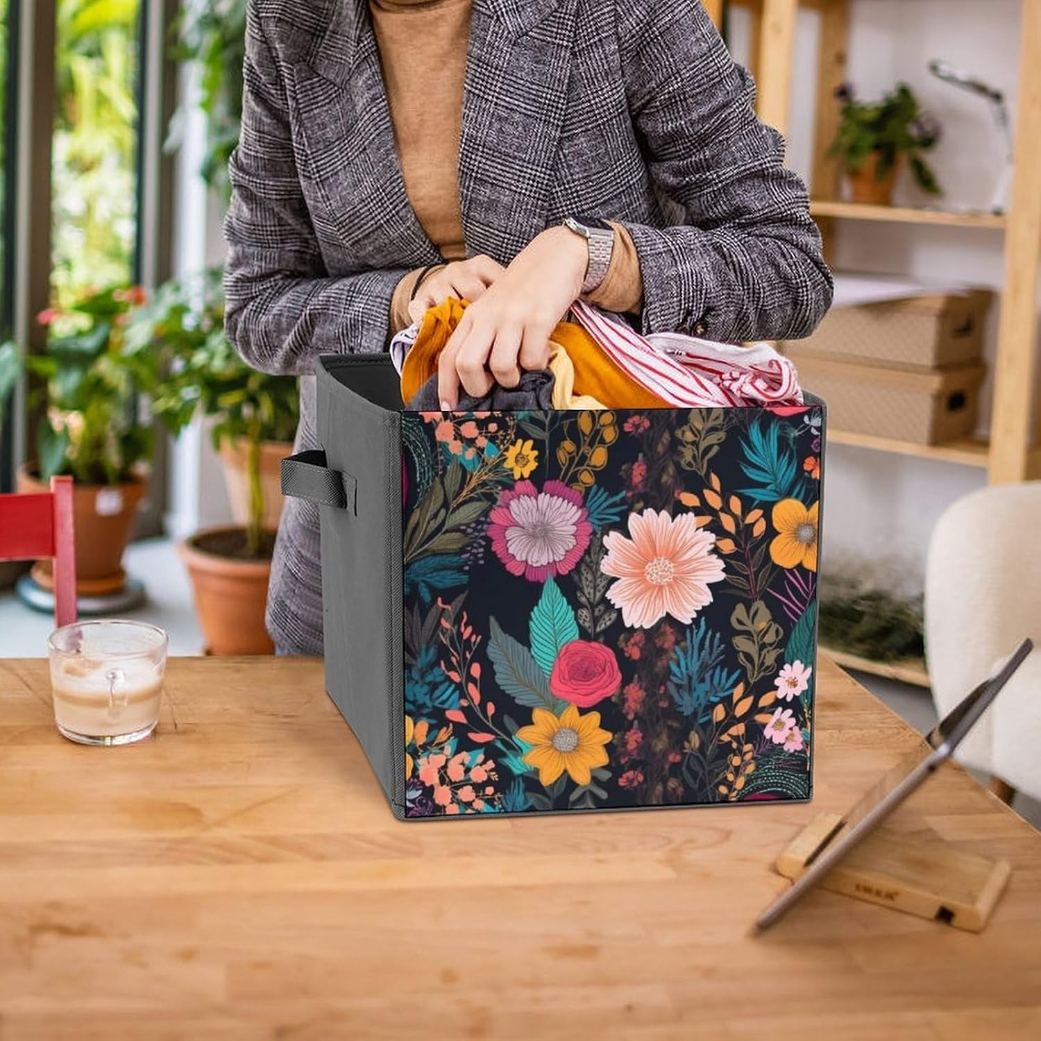 Folding Storage Bins Oxford Fabric Clothes Storage Boxes with Handles | Colorful Boho Floral Cube Organizer, Easy to Store, Multi Functional Cube Storage Organizer for Office Bedroom