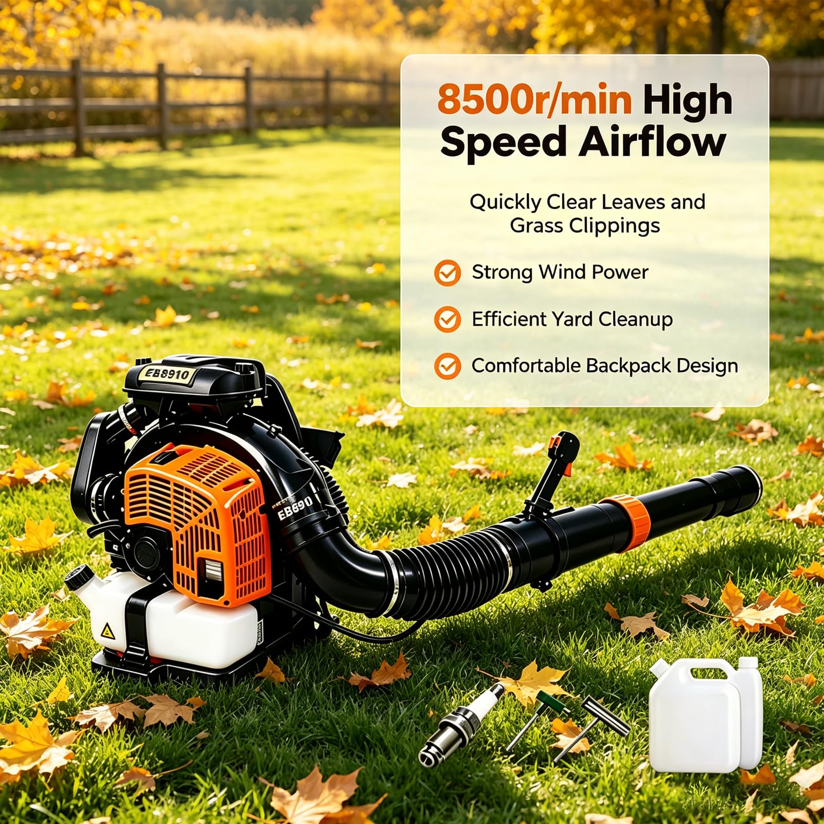 Soplador De Hojas De Gas 68cc, Filtración De Doble Capa 8500r/min | Soplador de hojas de gasolina con mochila de 2,2 L, mango de 180 grados, arnés ergonómico y ventilado(black)