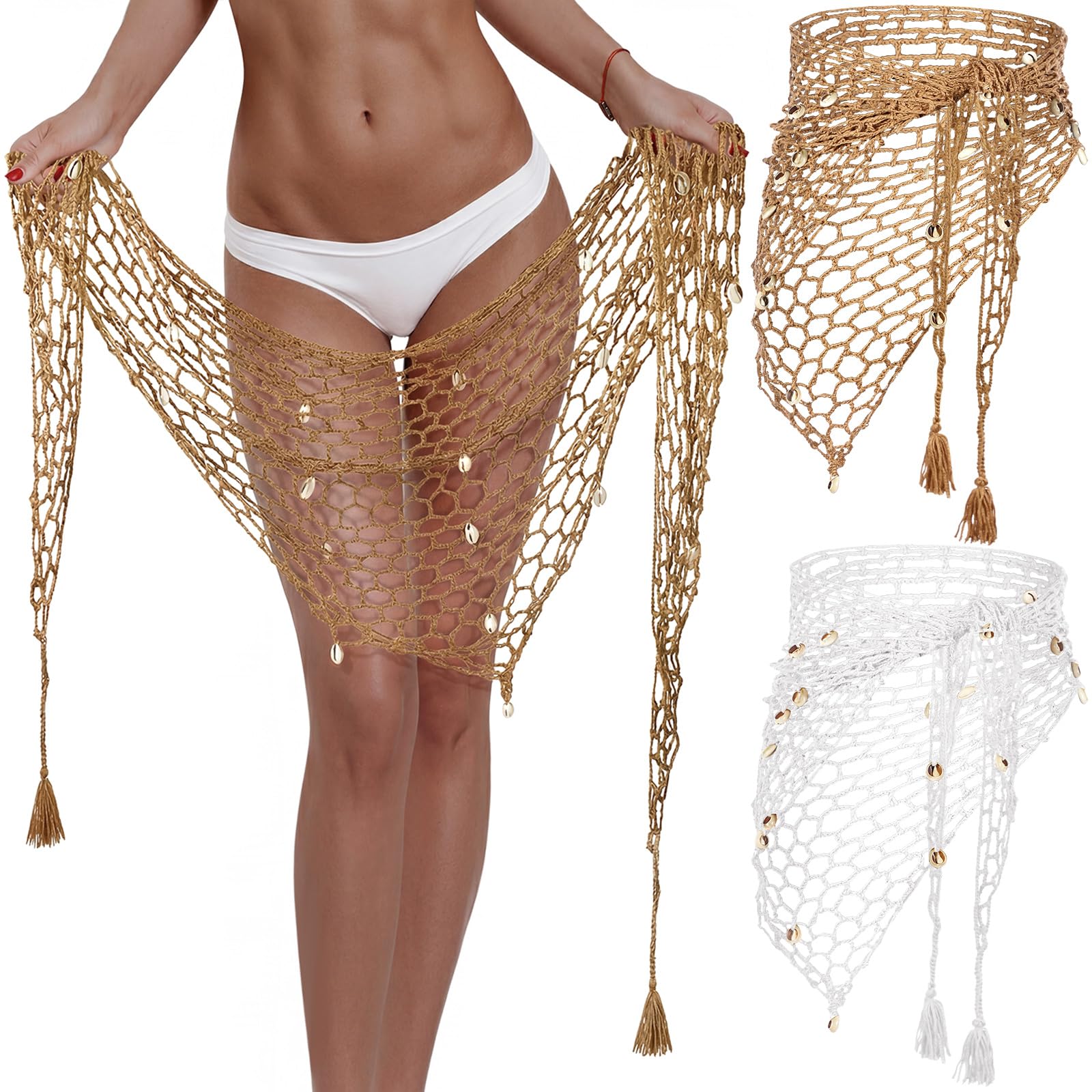 Zonon 2 piezas de falda de ganchillo para mujer, falda triangular de red, chal de ganchillo a mano para playa, pareo hueco, traje de baño, falda con conchas, blanco, caqui (Khaki and White), 18 Years