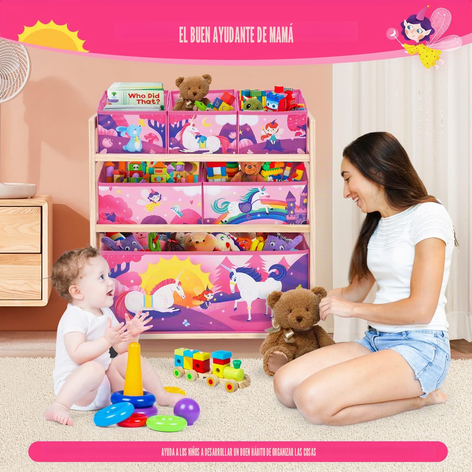 Organizador de juguetes para niños con ruedas y 6 recipientes de almacenamiento de gran capacidad para guardar juguetes para habitación de niños, habitación de niñas