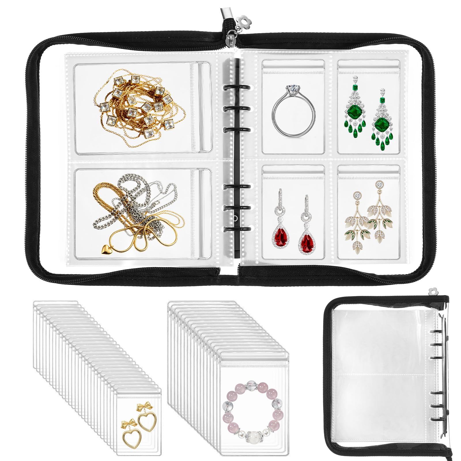Photo 1 of 120 Grids +75 Thicken PVC Zipper Bags Jewelry Storage Book Set Transparent Travel Jewelry Organizer with Anti-oxidation Pocket Traveling Necklace Earring Organizer for Ring, Bracelets, Postcard