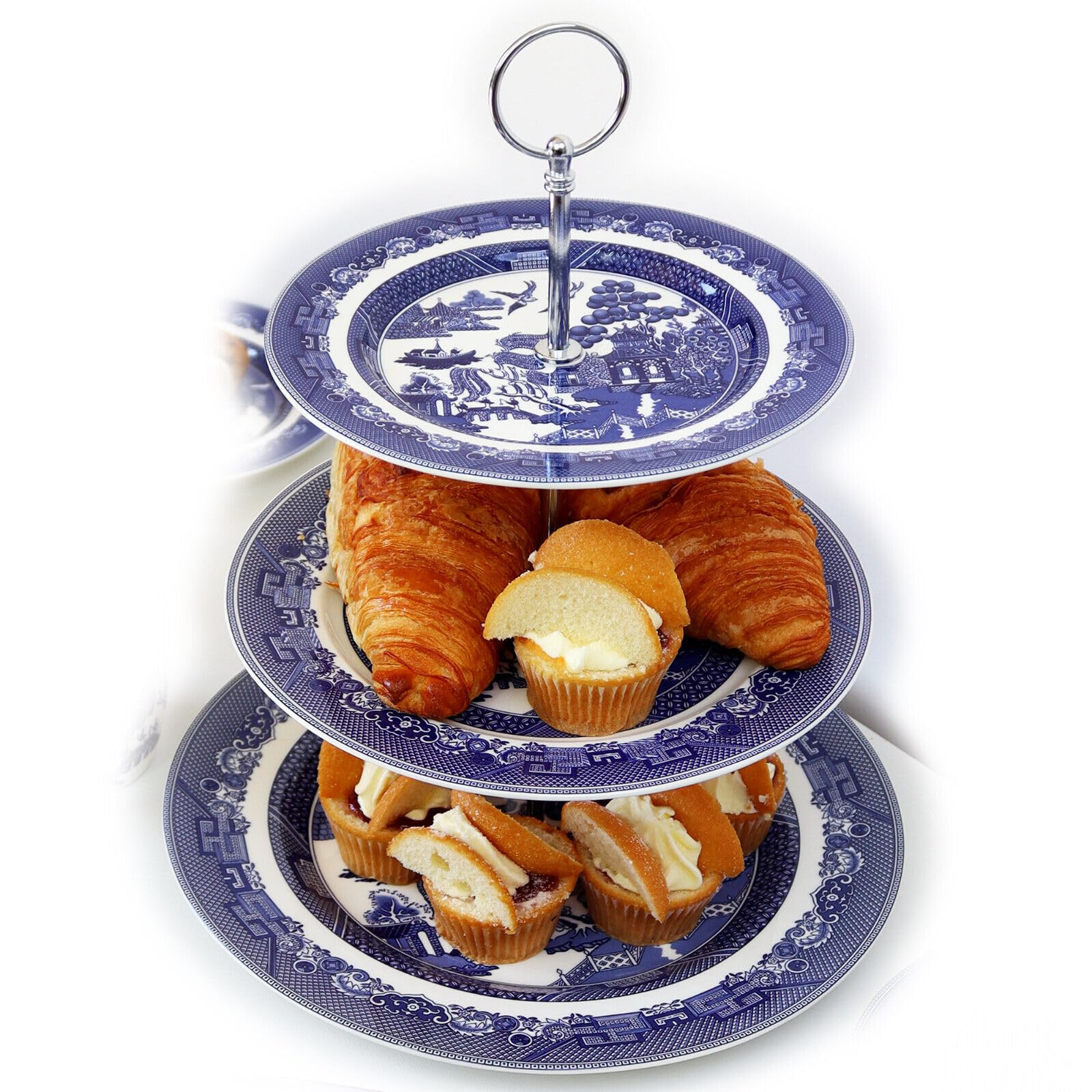 3 Tier Cake Stand Blue Willow Ceramic English Dessert Afternoon Tea Tableware