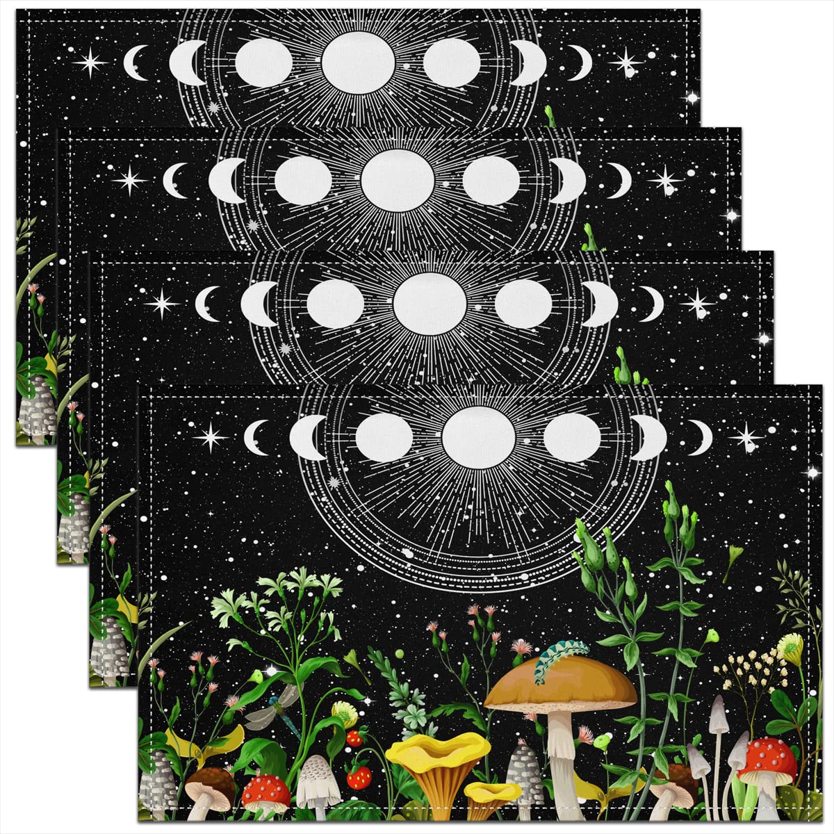 Placemats Set of 4 Sun Moon Galaxy Table Place Mats, Mushroom Cushion Case, Boho Exotic Table Place Mats, 45x30cm