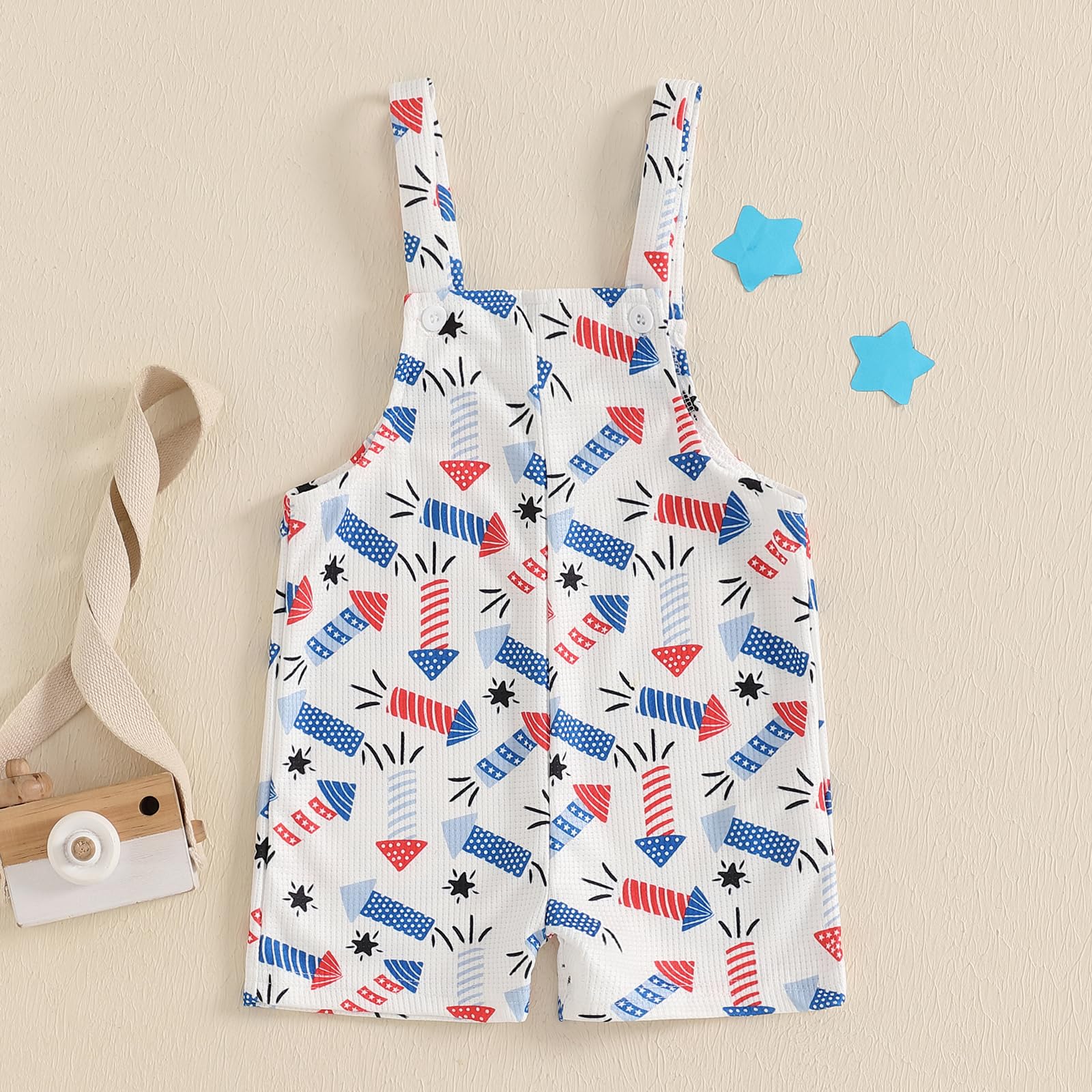 Newbgclo Toddler Baby Boys Girl 4th of July Overall Shorts Firework/US Flag Print Sleeveless Square Neck Jumpsuit (White, 0-3 Months)