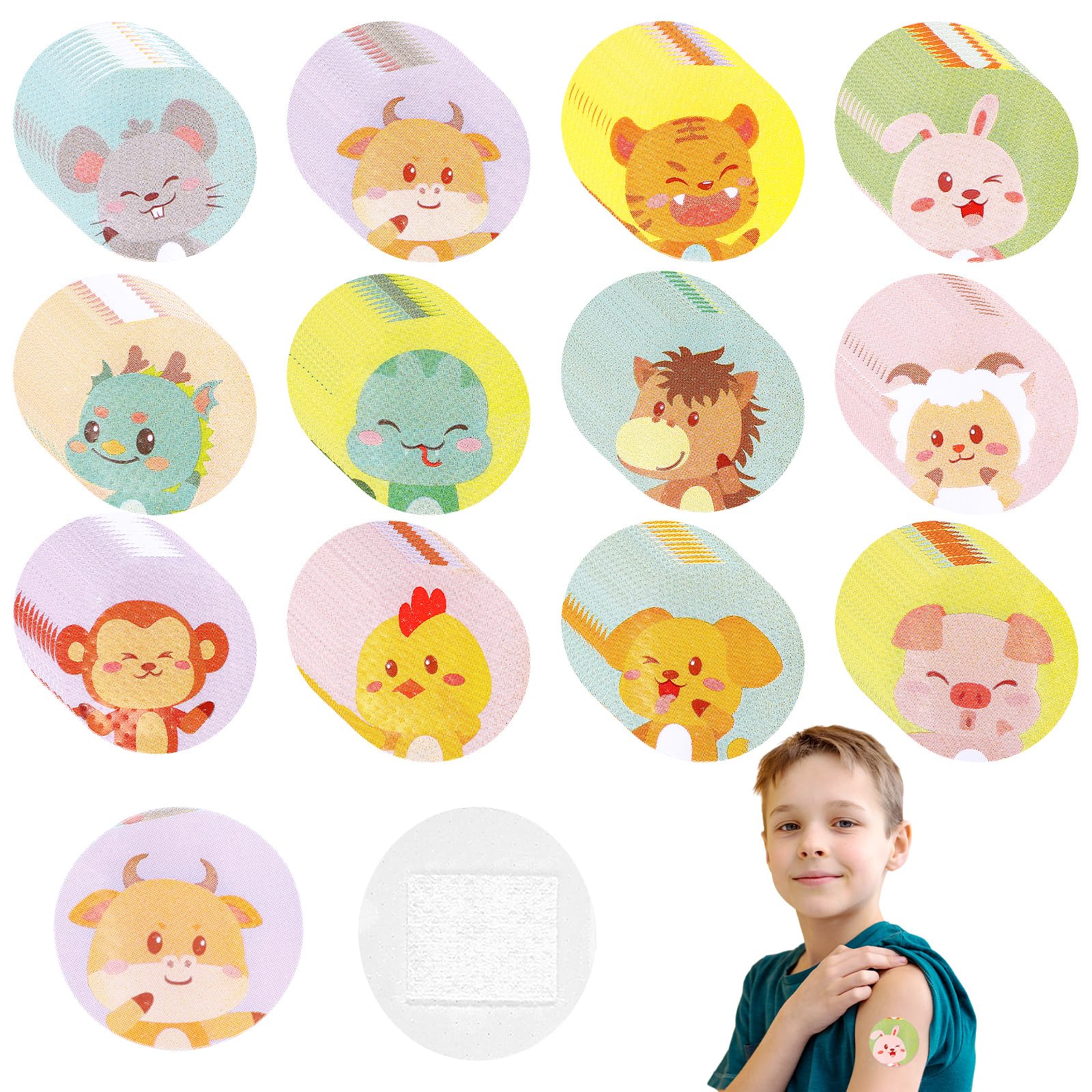 120Pcs Kids Bandages 12 Styles Cute Animal Pattern Bandaids Variety Pack, 0.9In Round Vaccination Bandage Adhesive Plaster Dot, Kids Bandaids for Small Wounds, Pimples, Vaccination and Blisters