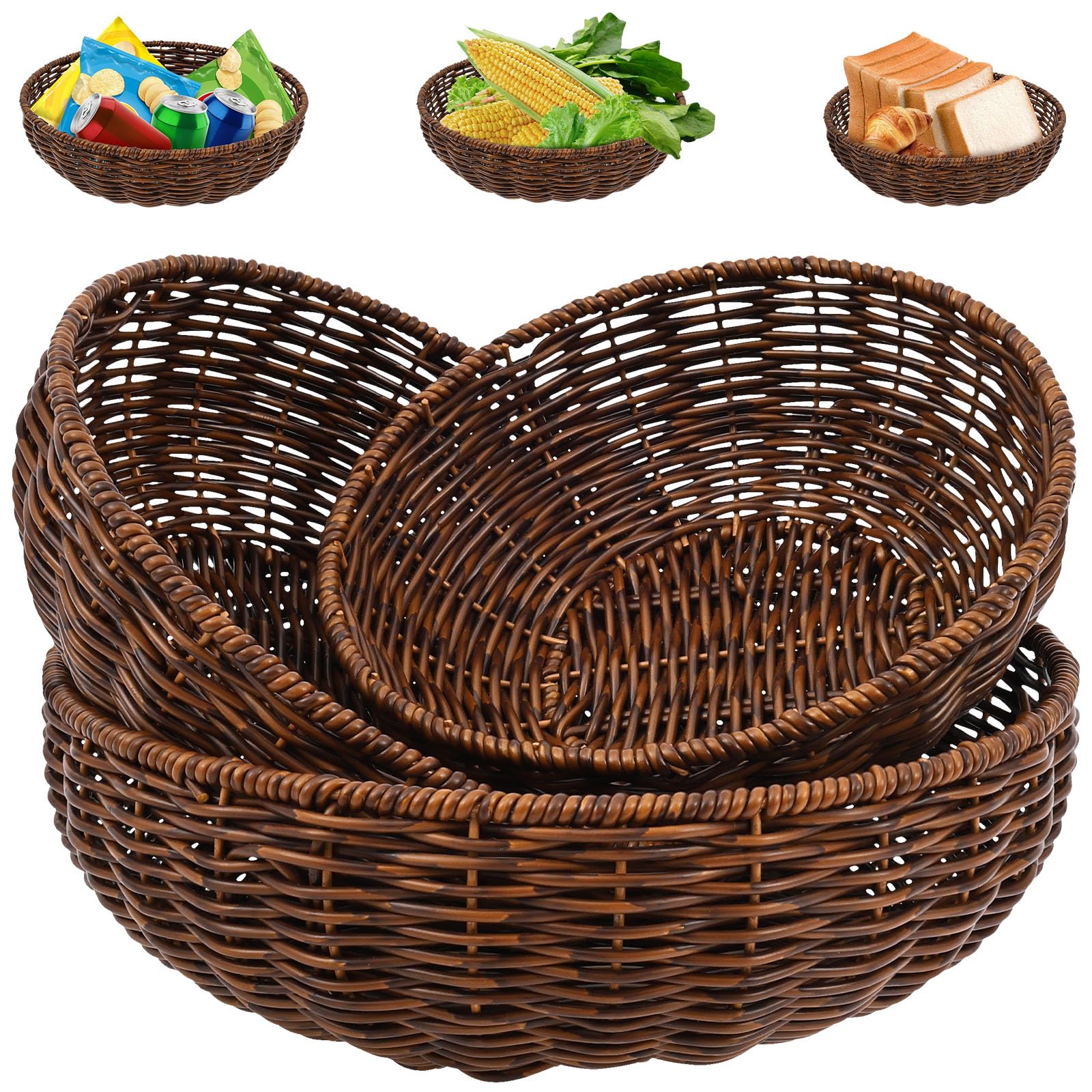3Pcs Handwoven Bread Wicker Baskets,Stackable Round Versatile Food Serving Bowl Fruit Vegetable Storage Basket for Kitchen Counter Dining Table and Decor