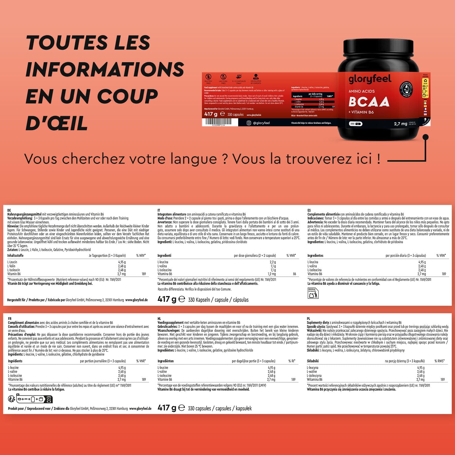 BCAA (330 Capsules), Acides Aminés Essentiels Fortement Dosée, Contient Leucine, Valine et Isoleucine avec Vitamine B6, Hautement Biodisponible, Contre la Fatigue*, Sans Arômes et Additifs