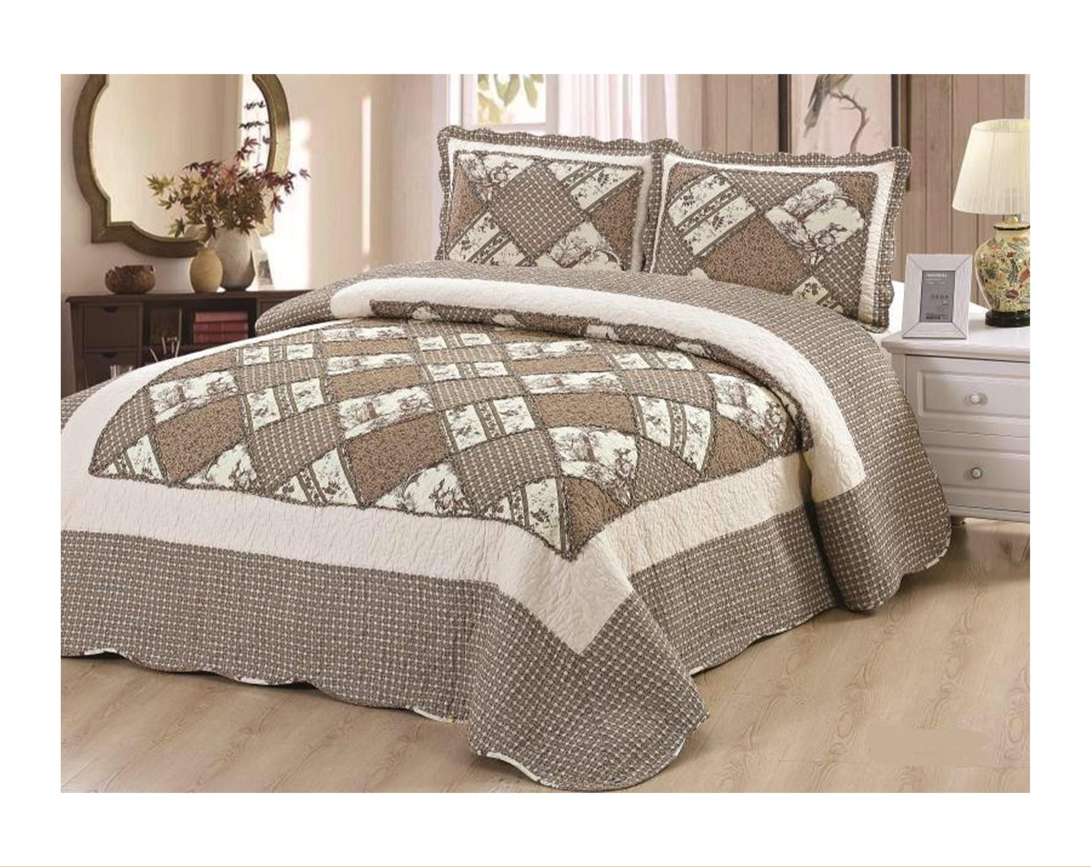 IKB Quilted 3 Piece Bedspread Throw Set Embroidered Patchwork Soft And Warm Comforter with Pillow Case Bed Size KING 230 x 250 CM - GS 8164