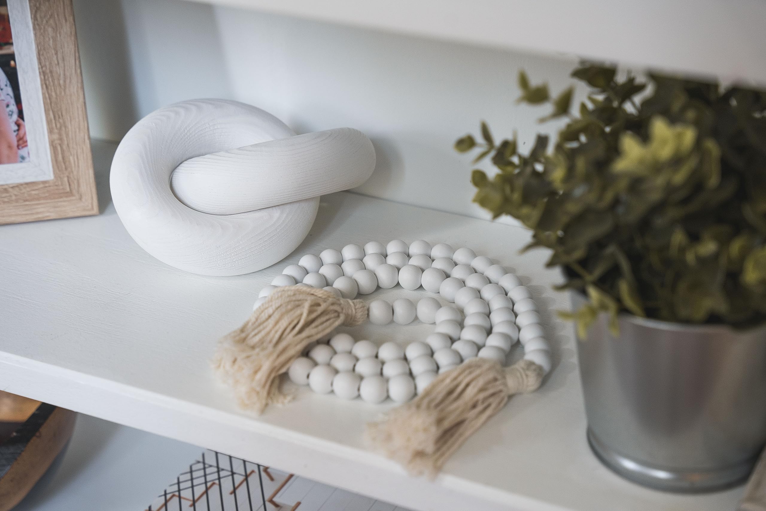 Esha Aesthetic Room Decor Wood Bead Garland – 2 Piece White Wood Chain Link Boho Decor with Decorative Beads Home Decor – Handcrafted Objects Shelf Decor Accents for Bedroom, Shelf, Entryway