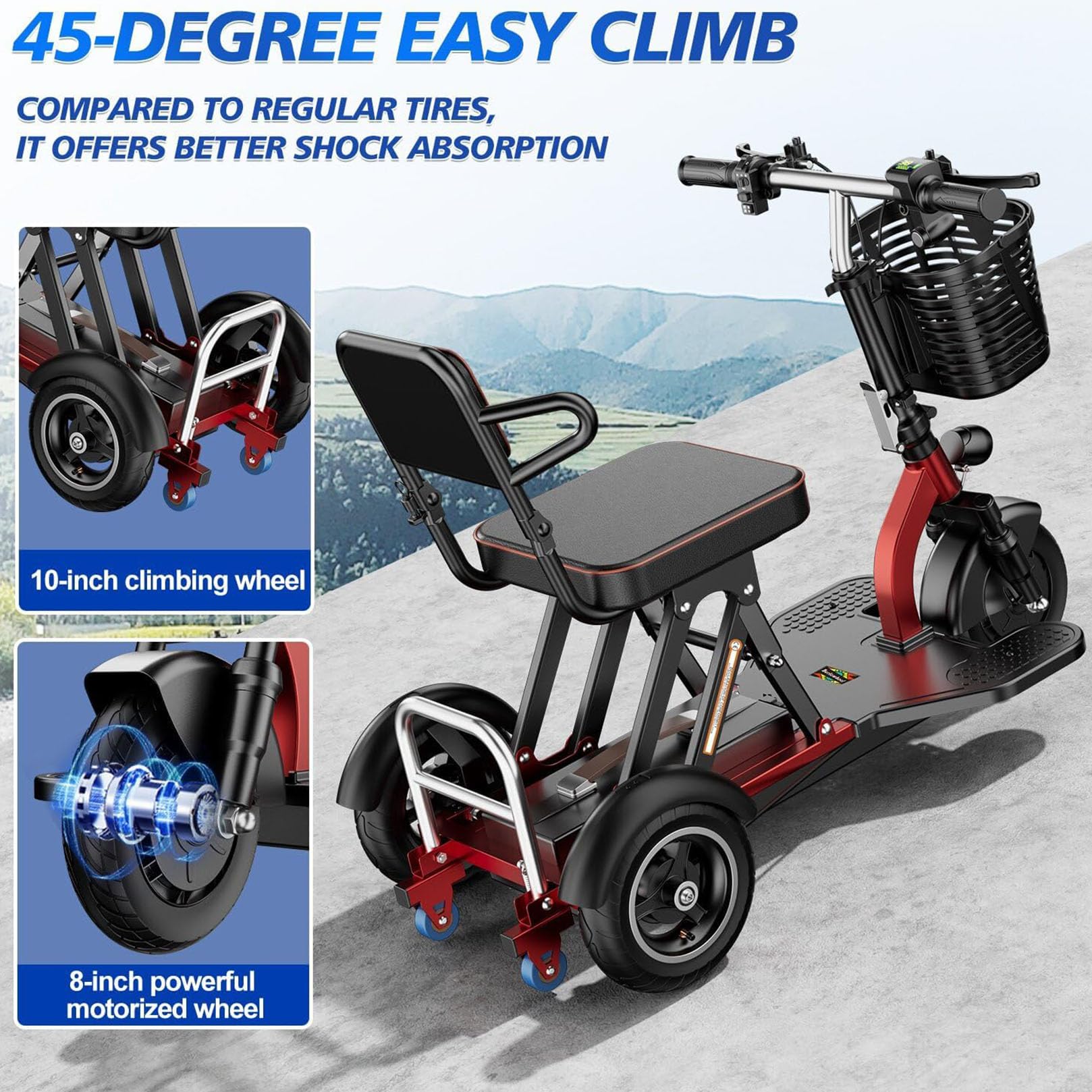 Scooter De Movilidad Eléctrica Plegable,Scooters para Personas Mayores,Scooter De Viaje Portátil,Scooters Eléctricos Para Adultos Scooter Equipada con batería de litio de alta capacidad de 20 Ah(Rojo)