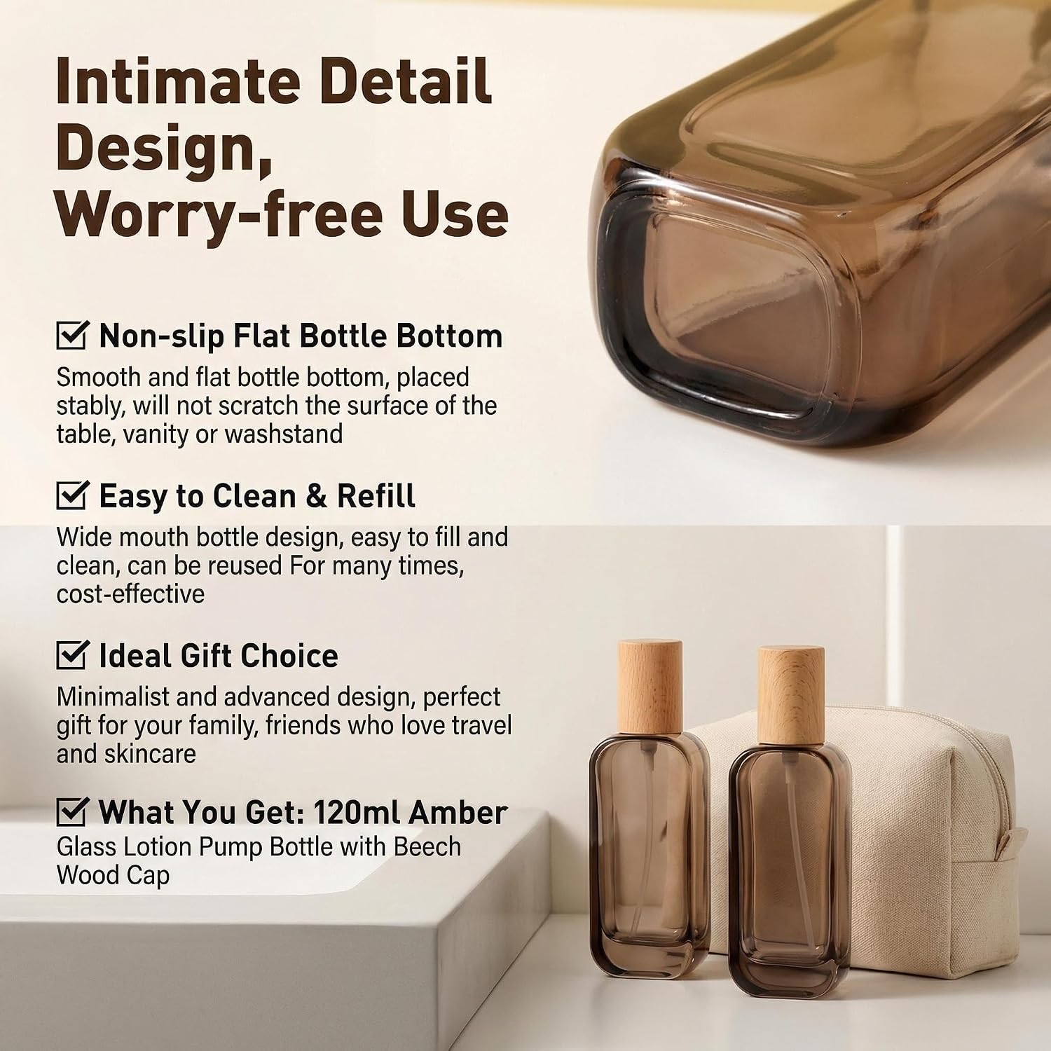 120ml/4oz Amber Glass Refillable Lotion Pump Bottle with Wood Cap