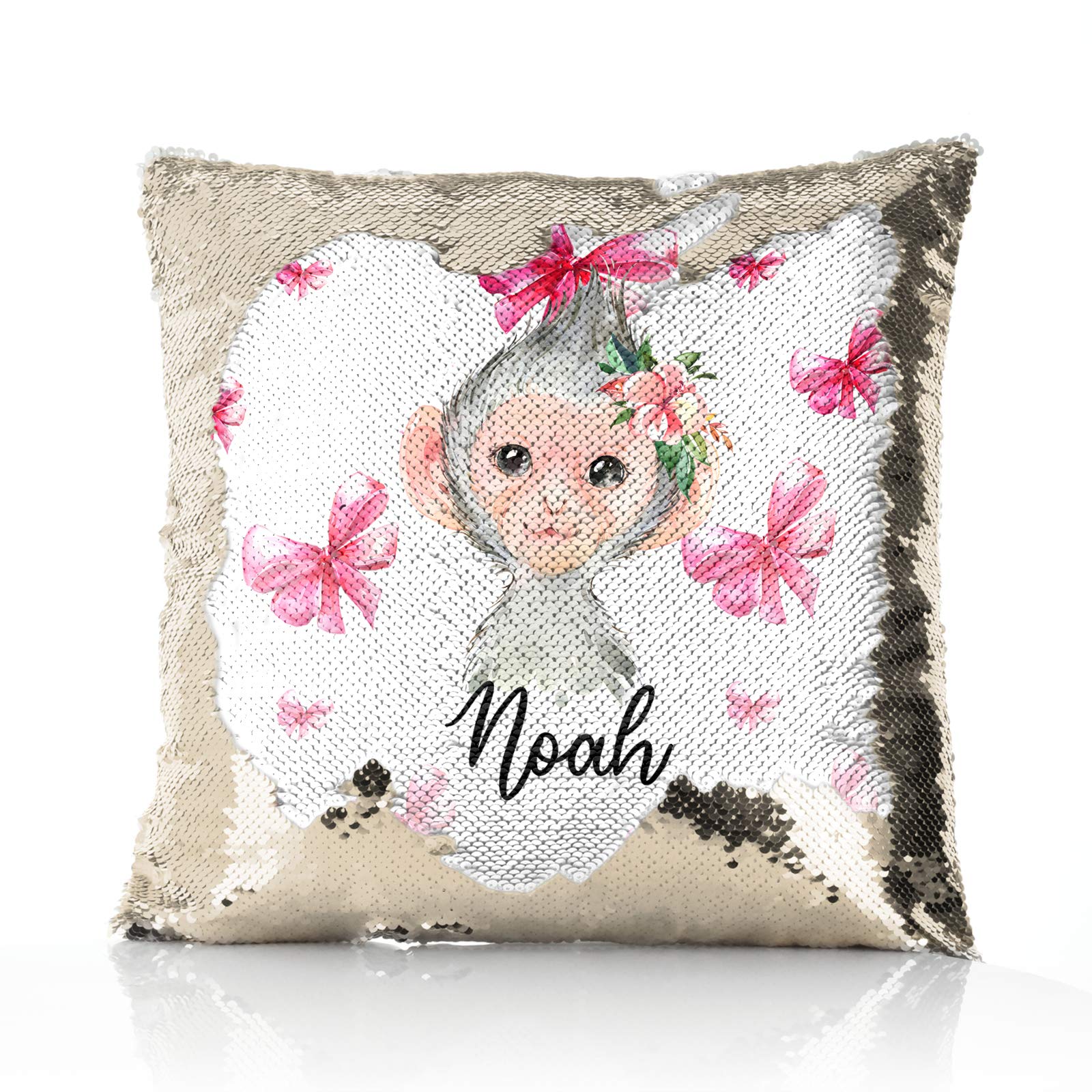 Hairyworm Personalised Cushion, Champagne, Silver, Blue, Red or Gold Squin Flip Square Cushion Customised with Initial/Name/Text, Monkey Pink Bows Design, Square Pillow