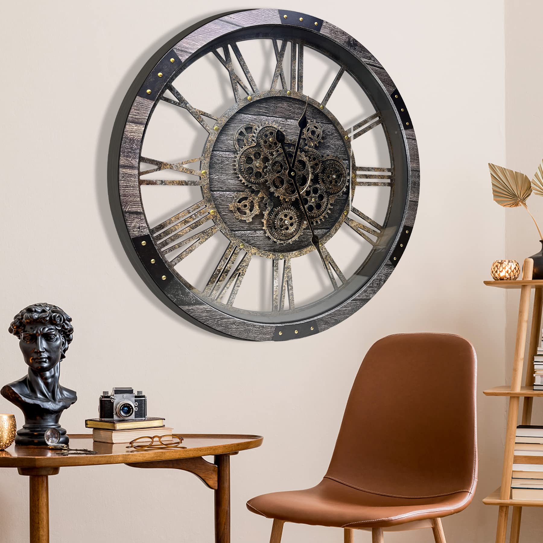 68CM Große Vintage Wanduhr mit Beweglichen Zahnrädern, Retro Holz Gehärtete HD-Glasabdeckung, XXL Antike Steampunk Industriell Wanduhr für Büro Wohnzimmer Bar (Kohlenstoff Grau)
