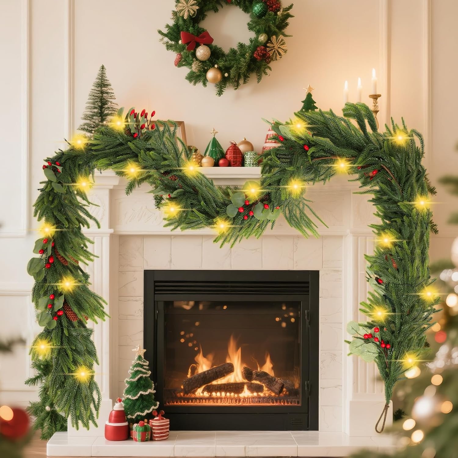 Guirnalda de Navidad de 9 pies con 7 modos de luz LED, 9 piñas verdaderas, conos rojos y hojas de eucalipto, guirnaldas de pino Norfolk para